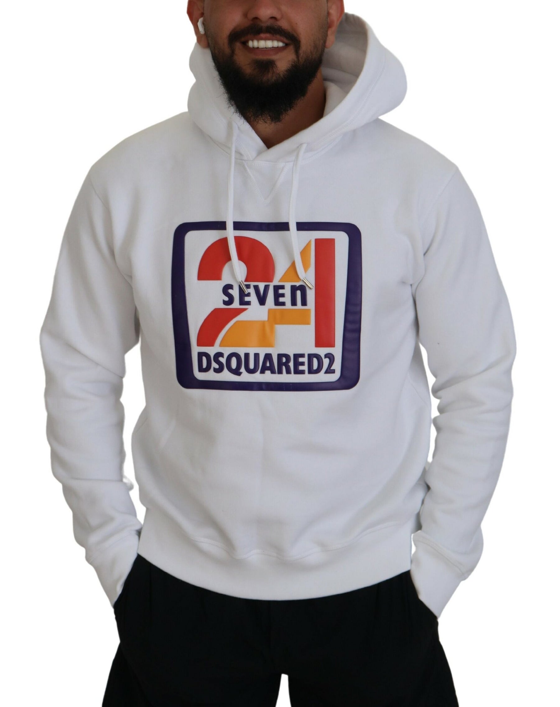 Dsquared² White Cotton Hooded Printed Men Pullover Sweater | Regal Royce