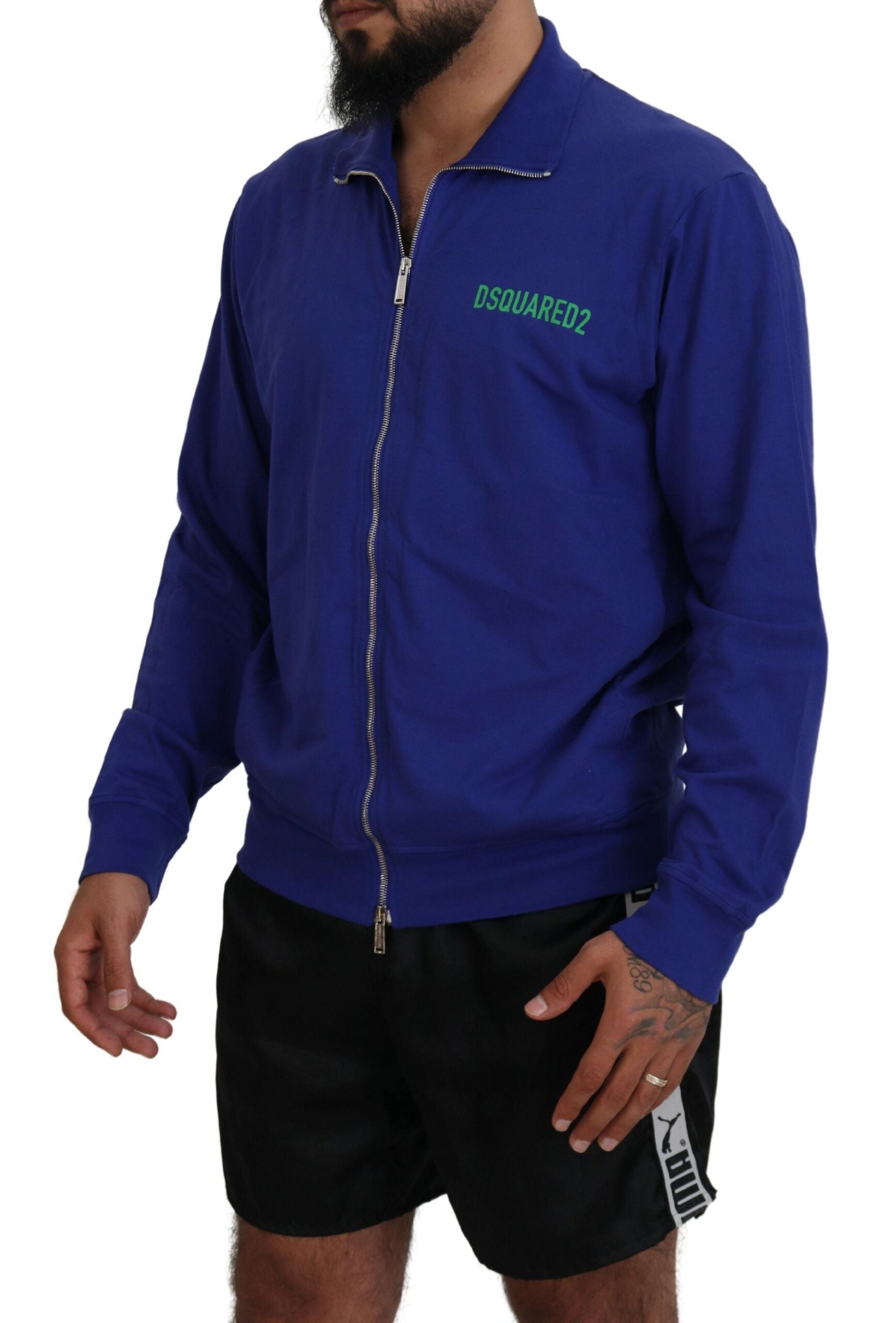 Dsquared² Blue Cotton Printed Collared Men Full Zip Sweater | Regal Royce