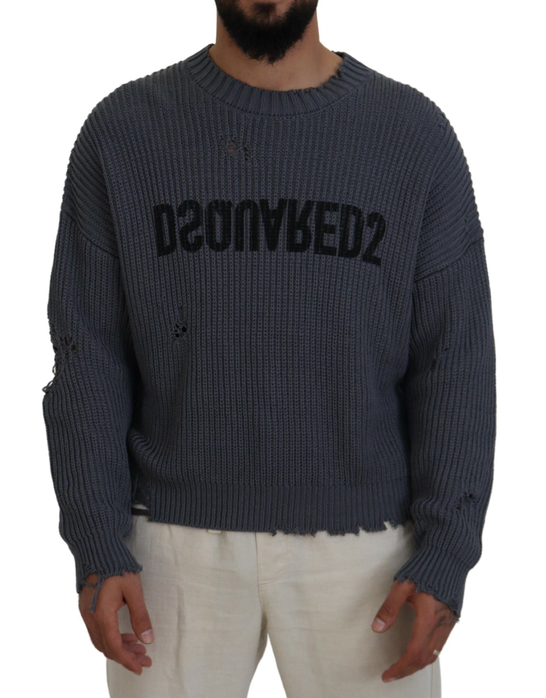 Dsquared² Gray Men Tattered Knitted Pullover Sweater | Regal Royce