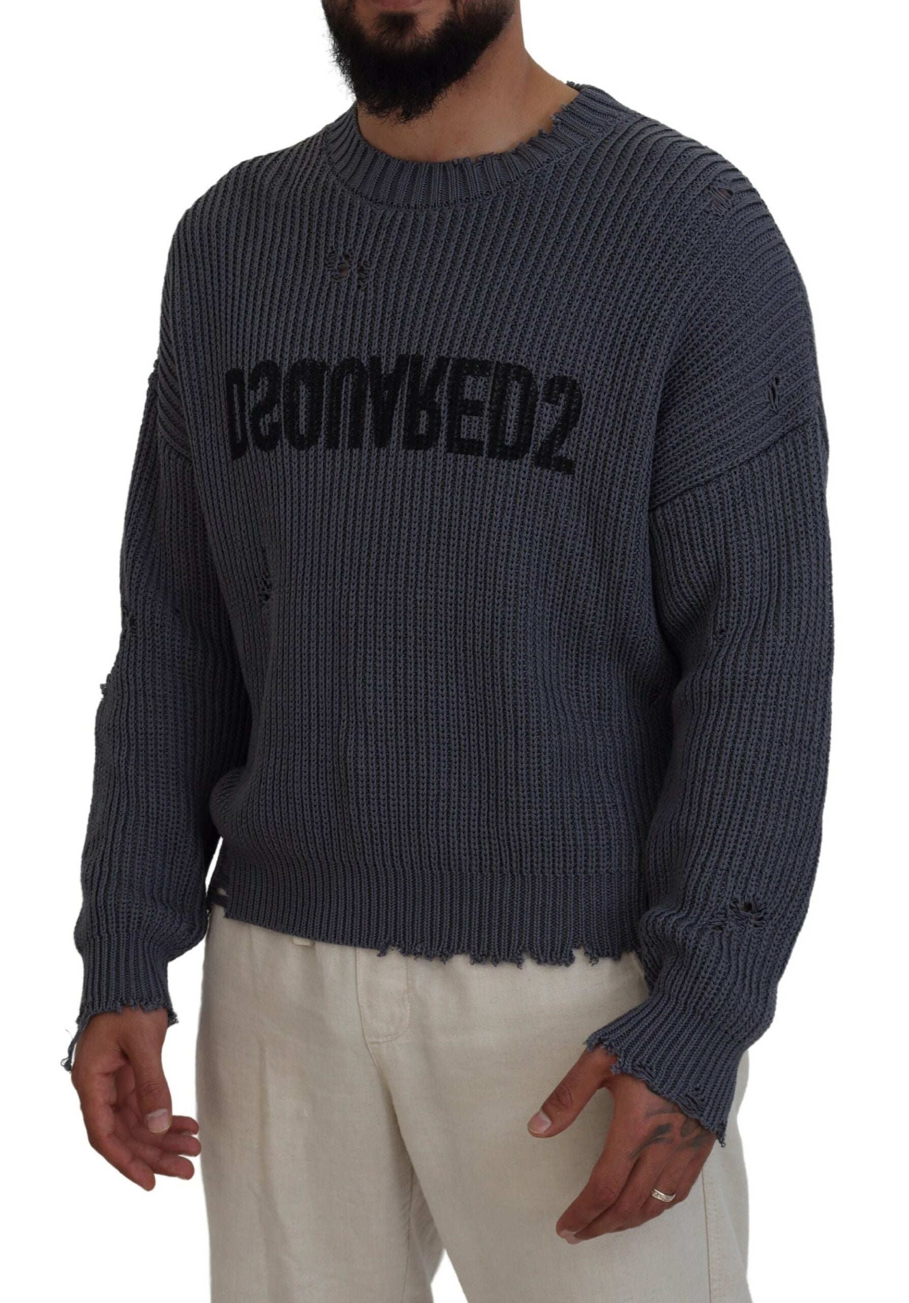 Dsquared² Gray Men Tattered Knitted Pullover Sweater | Regal Royce