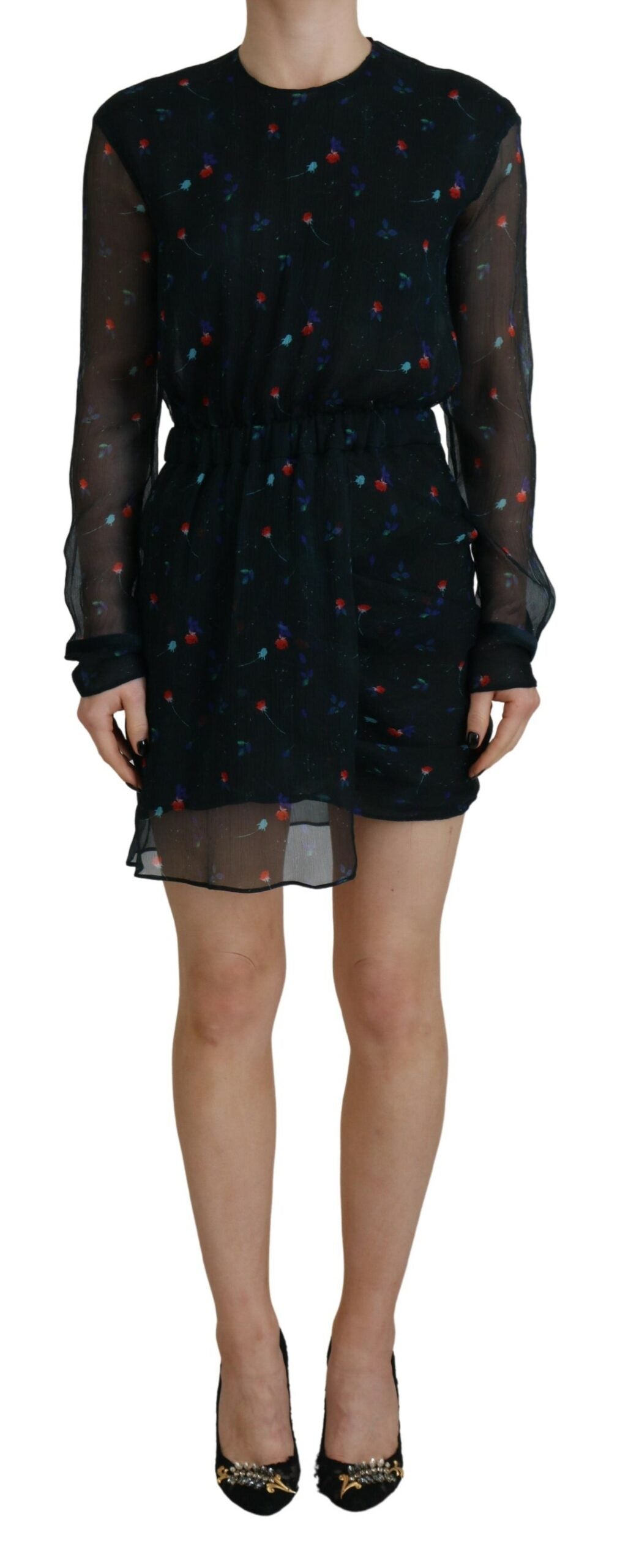 Dsquared² Black Floral Silk Long Sleeves Sheath Mini Dress | Regal Royce
