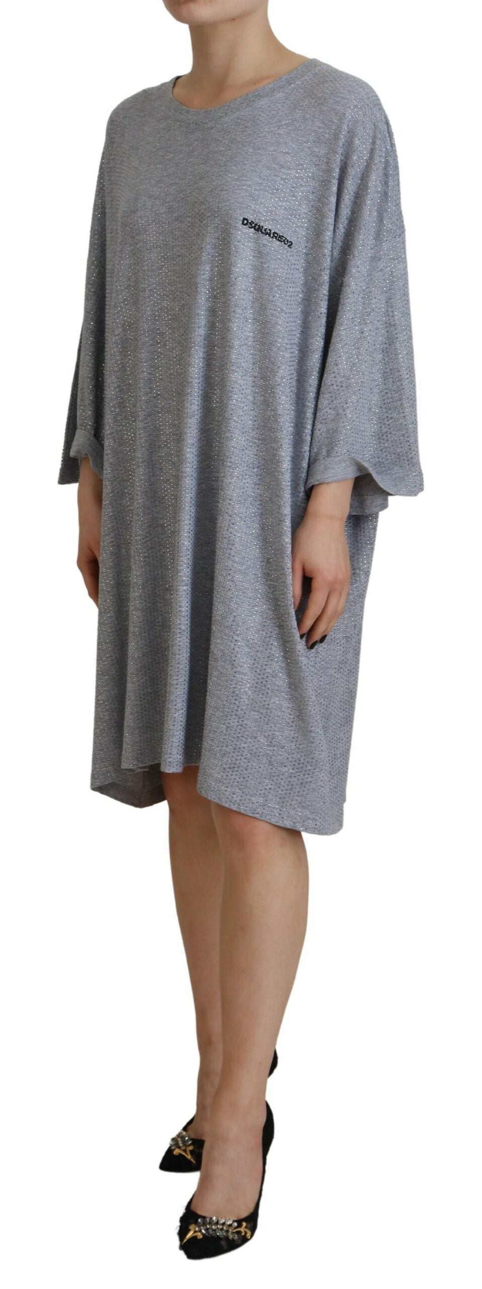 Dsquared² Gray Crystal Embellished Cotton Long Sleeves Dress | Regal Royce