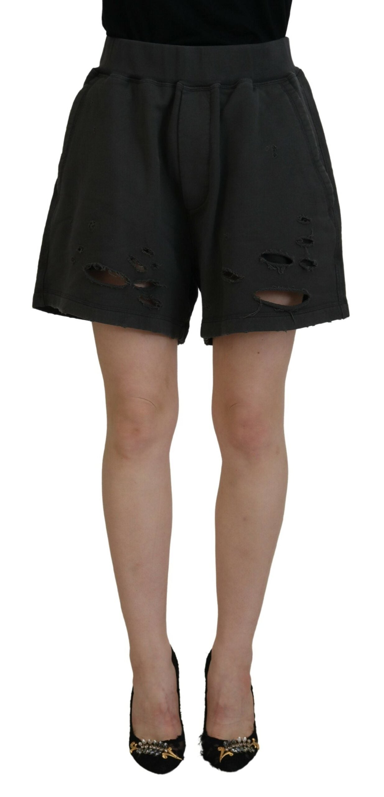 Dsquared² Black Cotton Mid Waist Tattered Tapered Shorts | Regal Royce