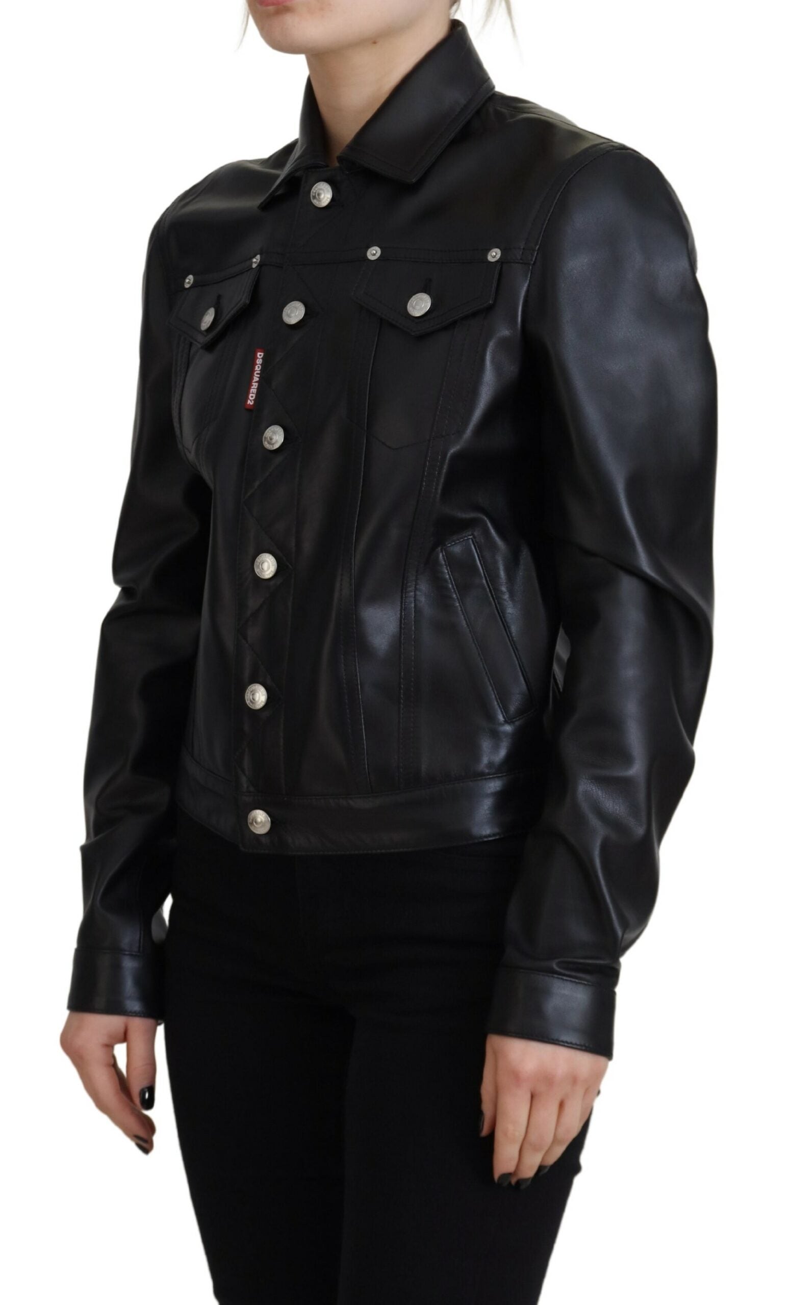 Dsquared² Black Leather Collared Long Sleeves Jacket | Regal Royce