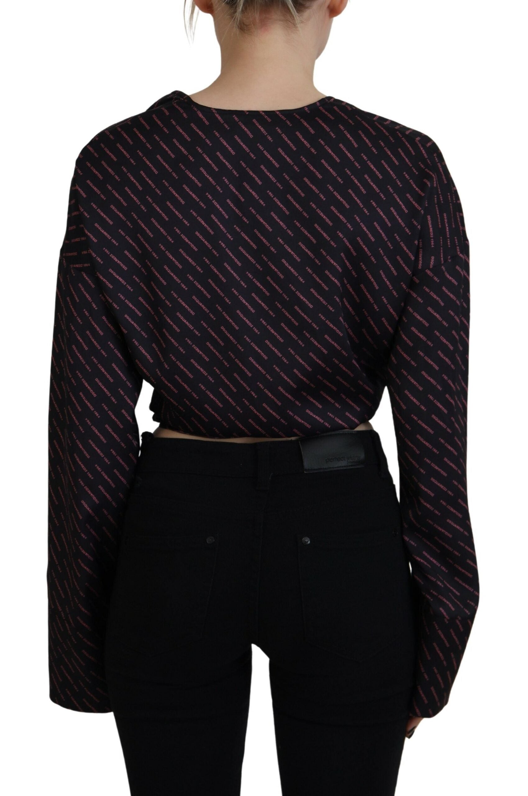 Dsquared² Black Polyester Cropped Logo Printed Blouse Top | Regal Royce