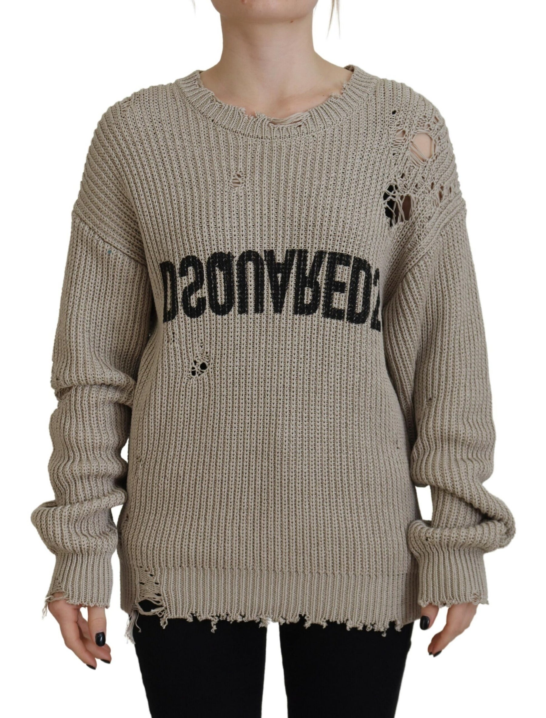 Dsquared² Beige Cotton Knitted Crewneck Pullover Sweater | Regal Royce