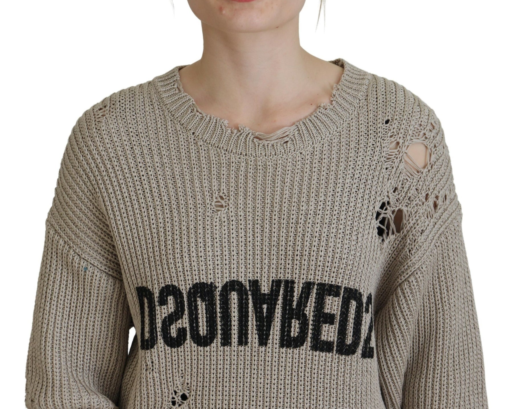 Dsquared² Beige Cotton Knitted Crewneck Pullover Sweater | Regal Royce
