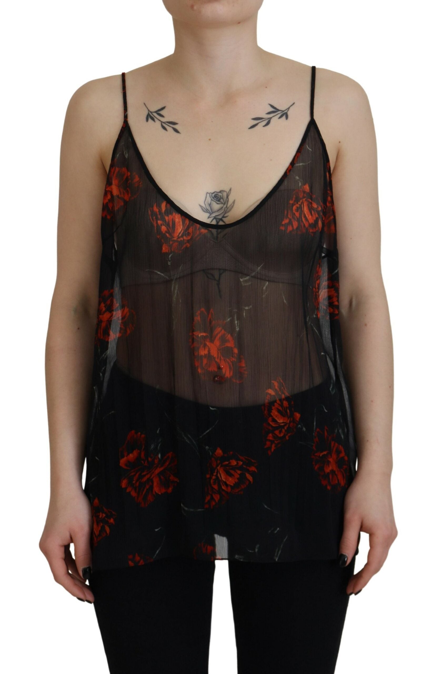 Dsquared² Black Floral Print Spaghetti Strap Tank Blouse Top | Regal Royce