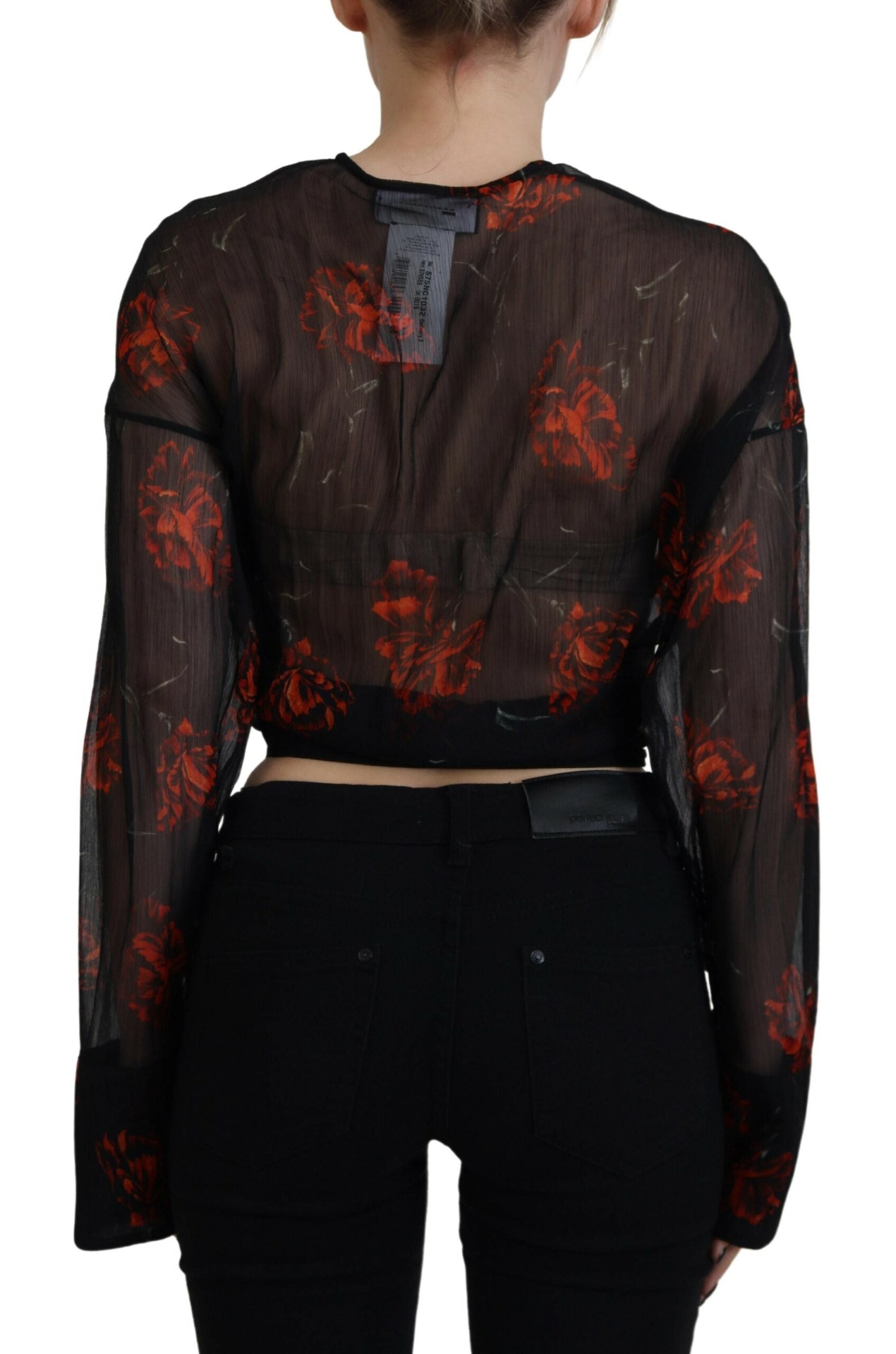 Dsquared² Black Floral Print Cropped Wrap Long Sleeves Top | Regal Royce