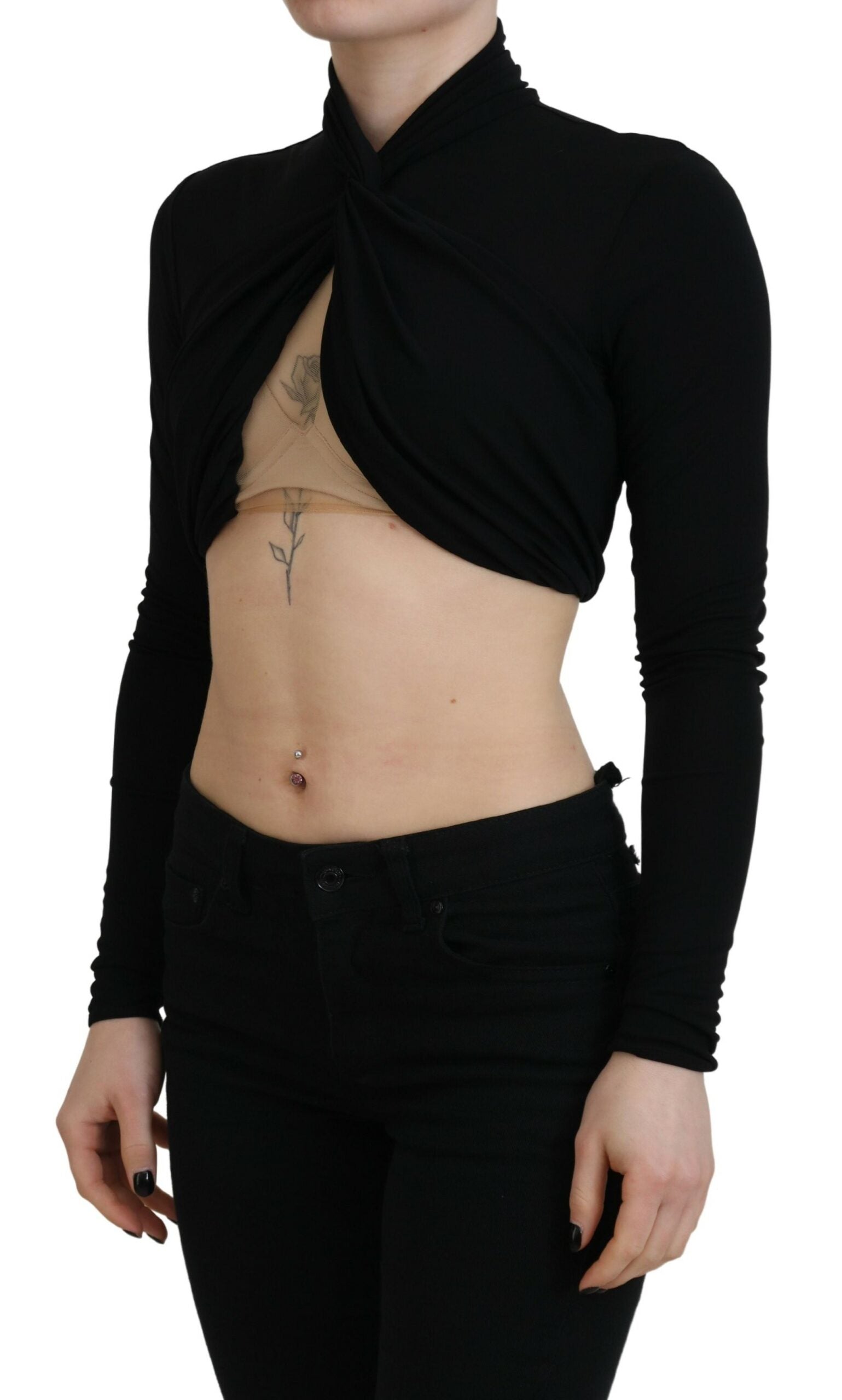 Dsquared² Black Cut Out Viscose Cropped Long Sleeves Top | Regal Royce