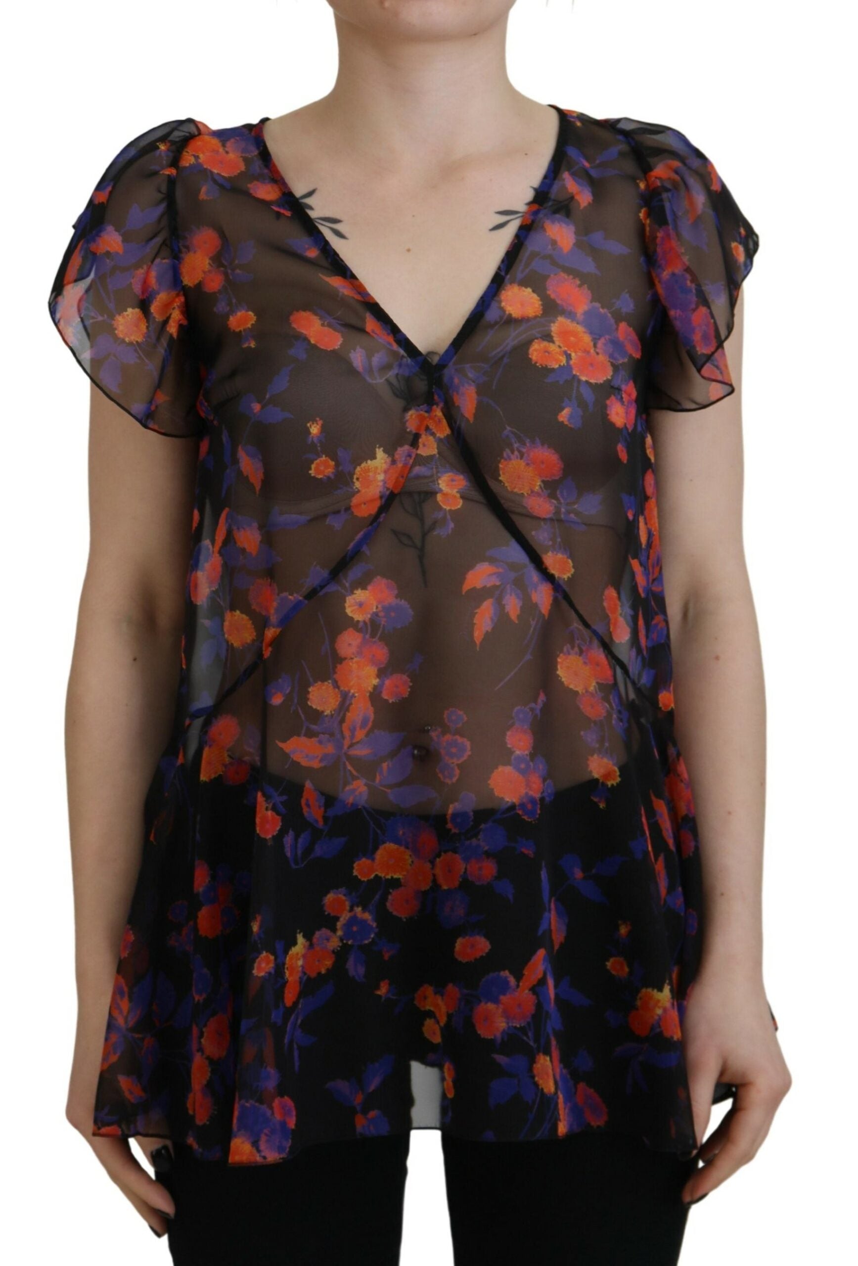Dsquared² Black Floral Print Short Sleeves V-neck Blouse Top | Regal Royce