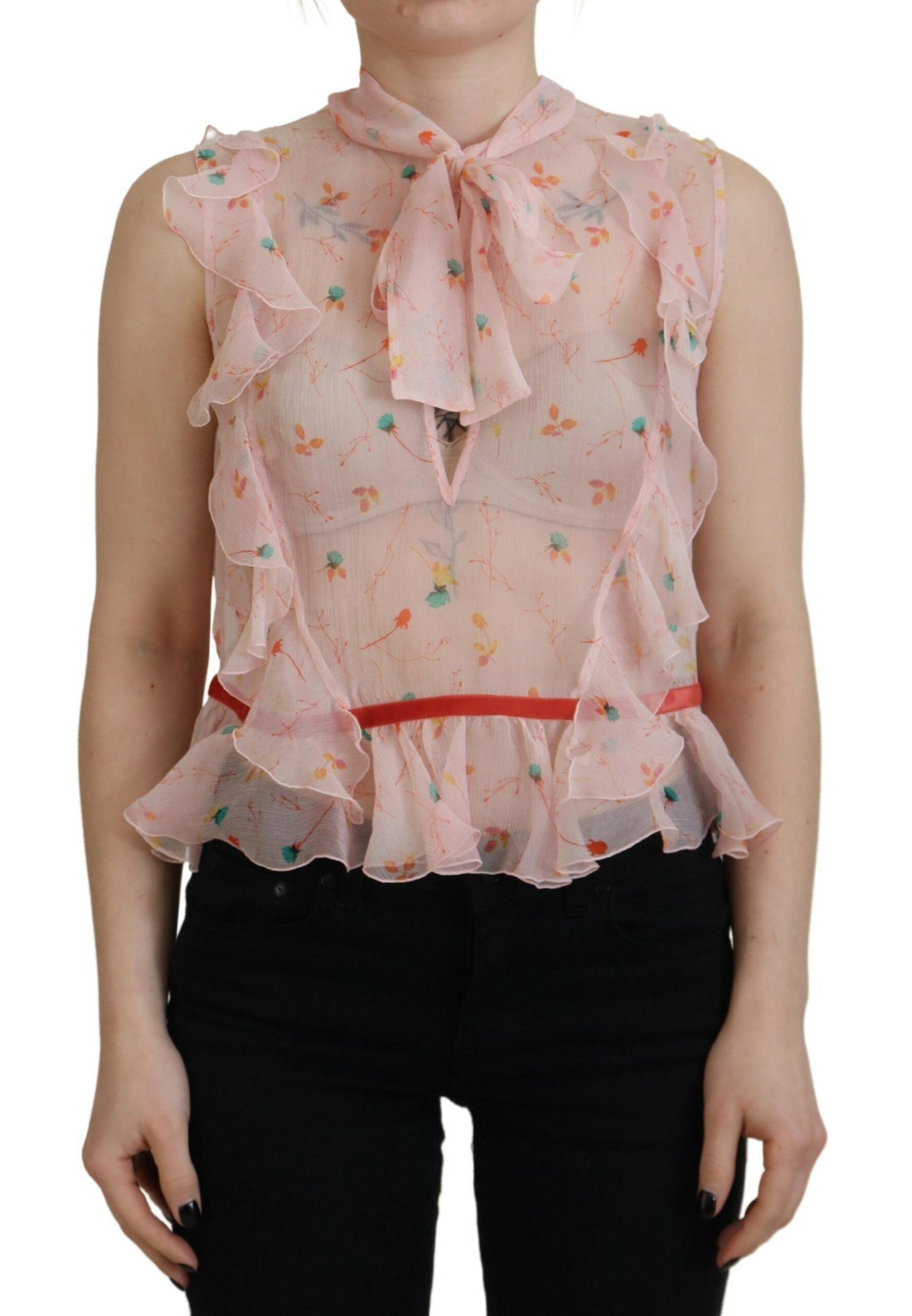 Dsquared² Pink Floral Print Silk Sleeveless Ascot Collar Top | Regal Royce