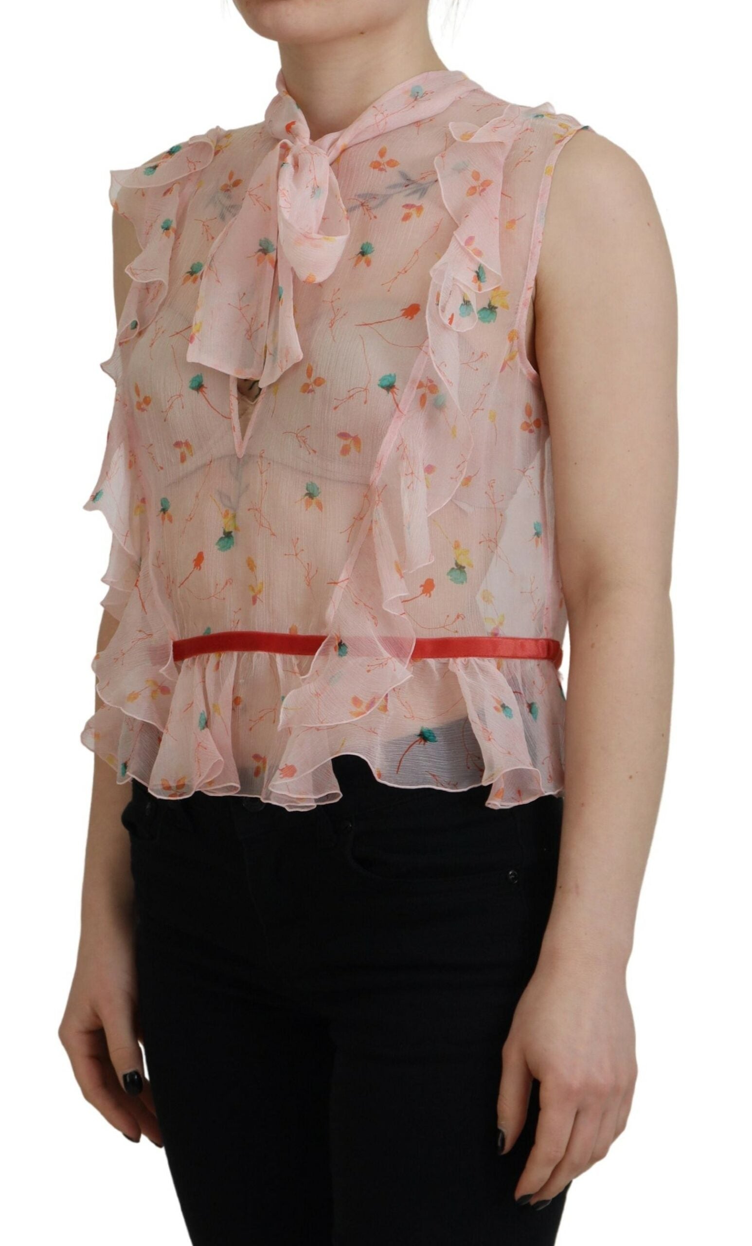 Dsquared² Pink Floral Print Silk Sleeveless Ascot Collar Top | Regal Royce