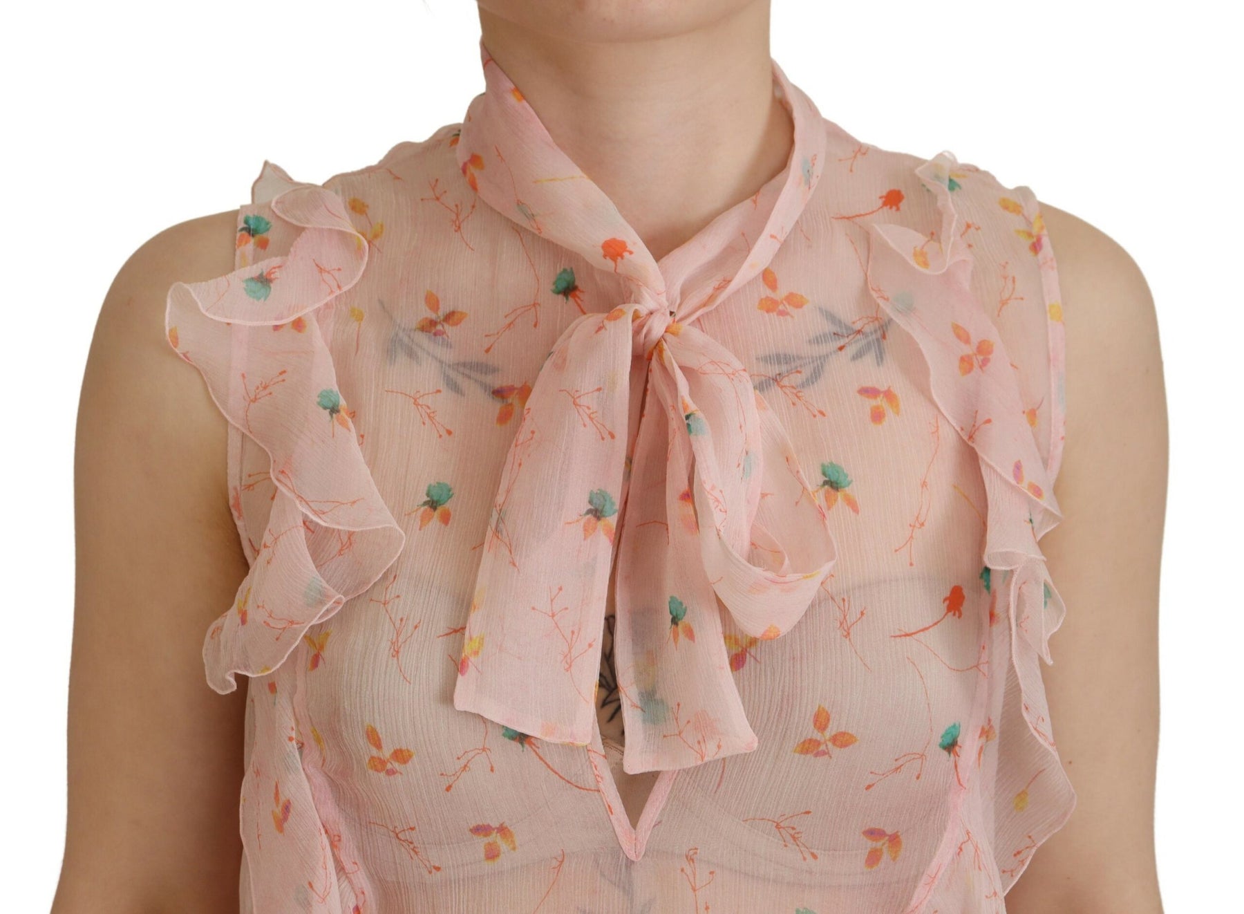 Dsquared² Pink Floral Print Silk Sleeveless Ascot Collar Top | Regal Royce