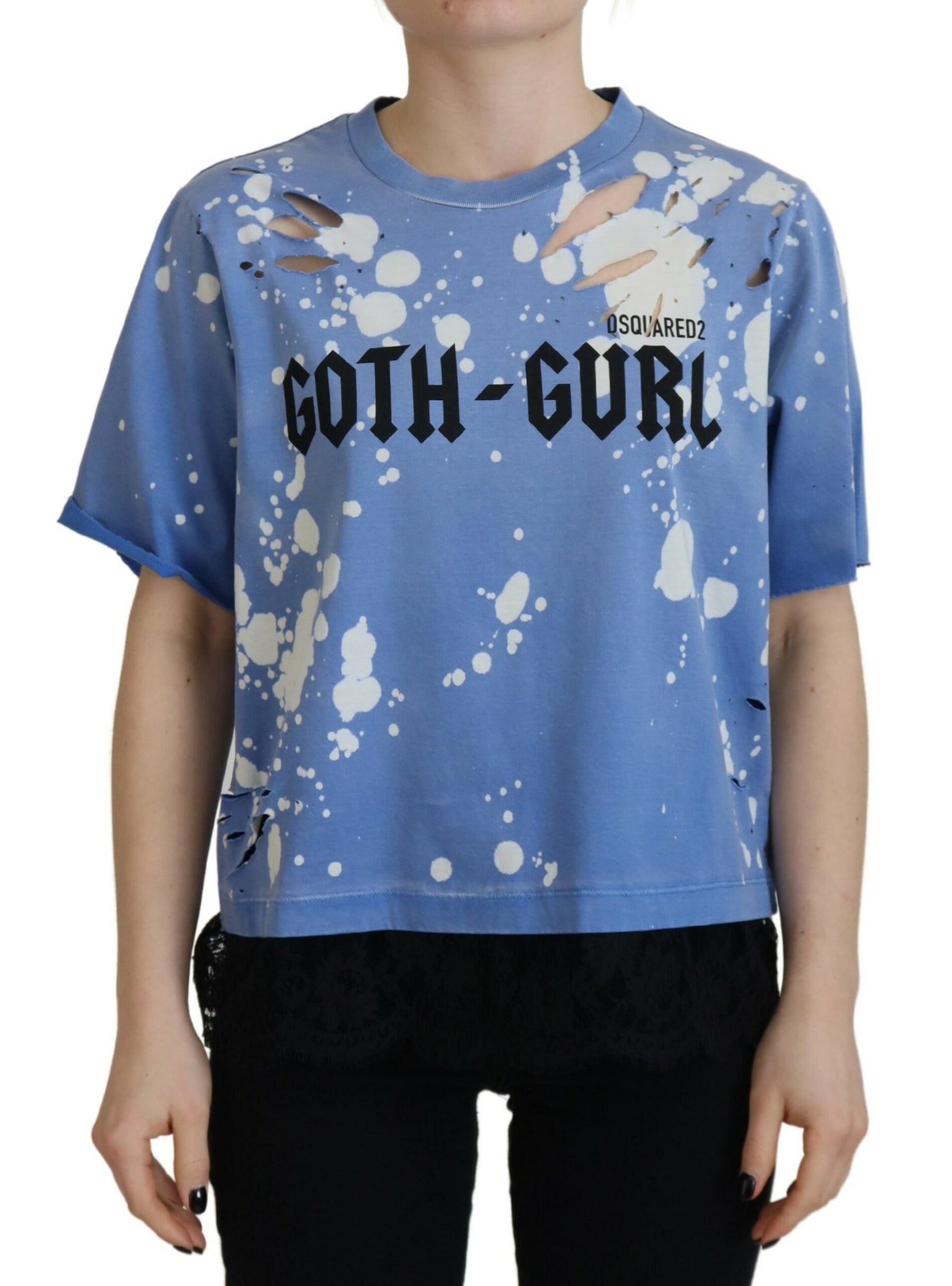 Dsquared² Blue Goth Gurl Print Black Lace Cotton Tee T-shirt | Regal Royce