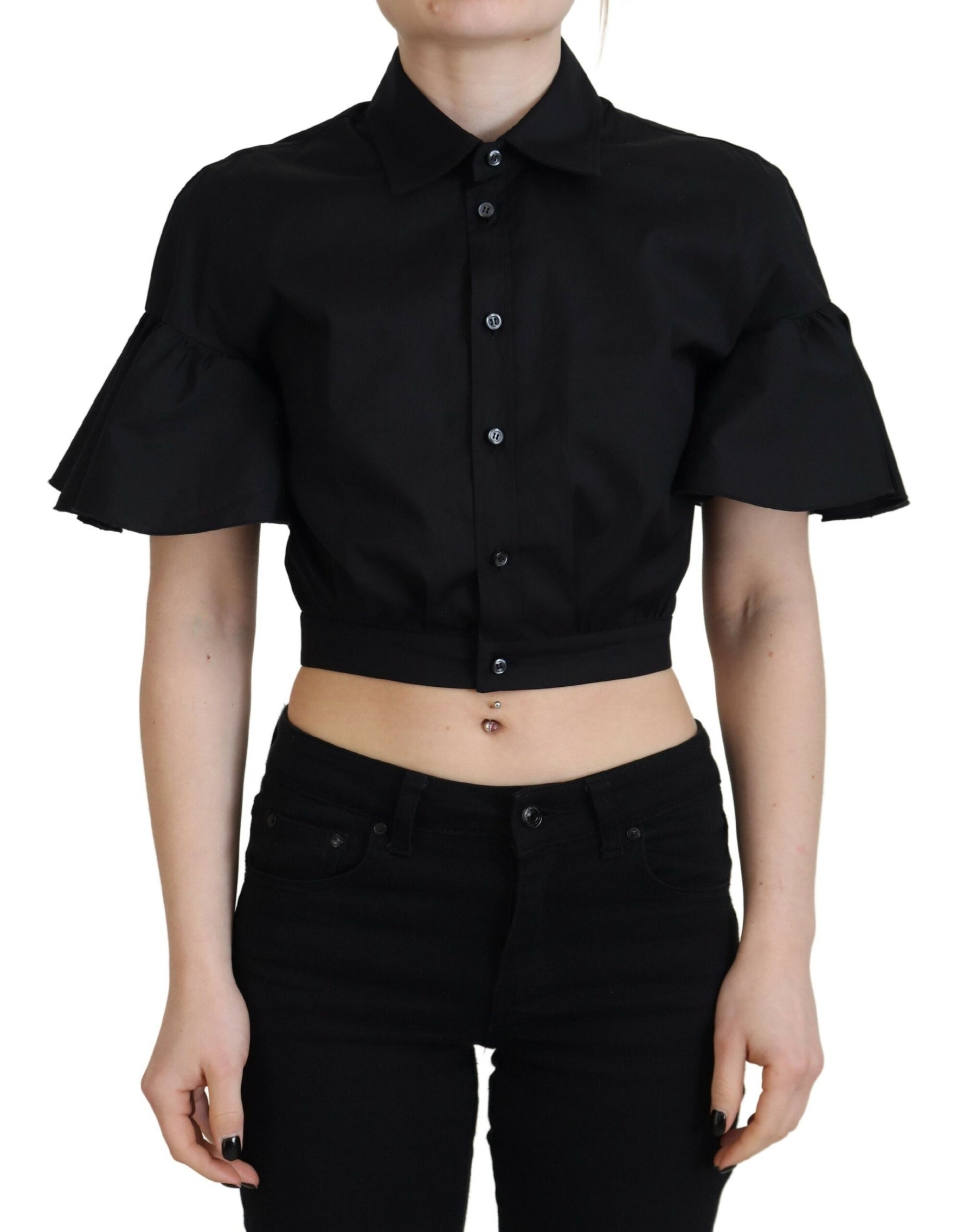 Dsquared² Black Collared Button Down Short Sleeve Cropped Top | Regal Royce