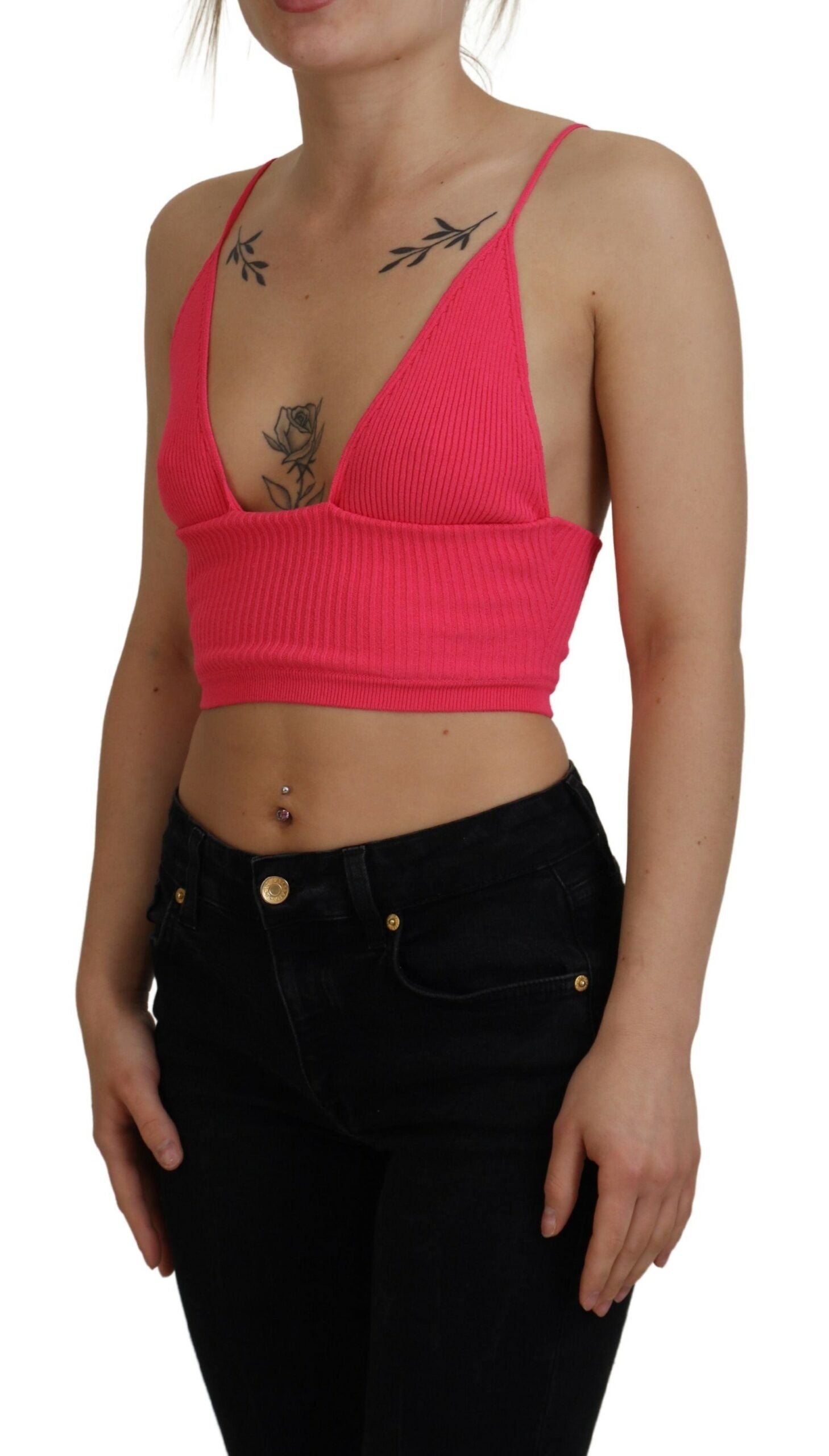 Dsquared² Pink Ribbed Knit Bra Cropped Spaghetti Strap Top | Regal Royce