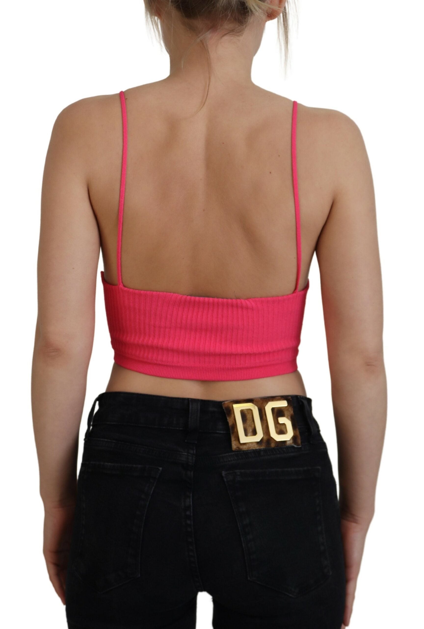 Dsquared² Pink Ribbed Knit Bra Cropped Spaghetti Strap Top | Regal Royce