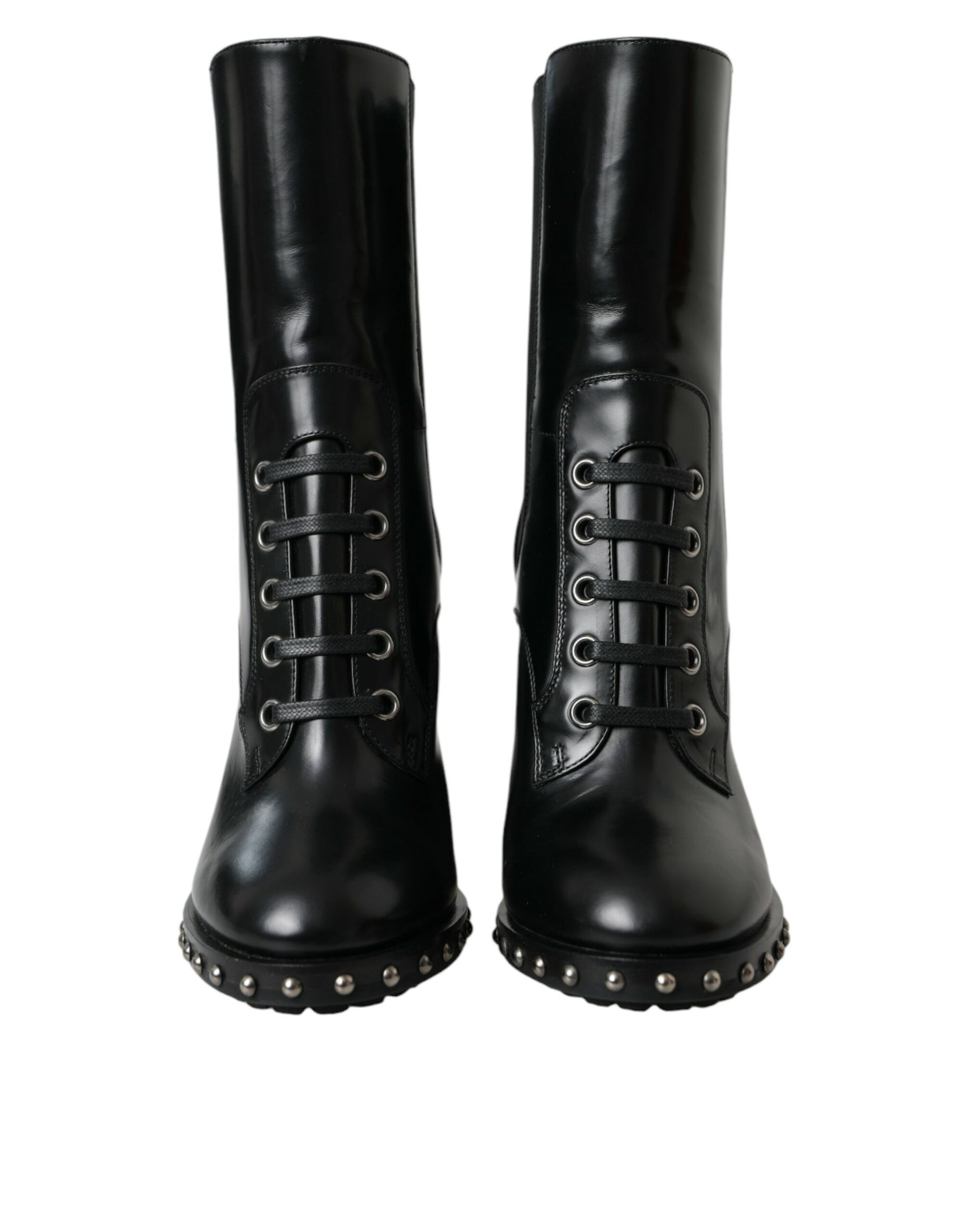 Dolce & Gabbana Black Leather Studded Lace Up Boots Shoes | Regal Royce