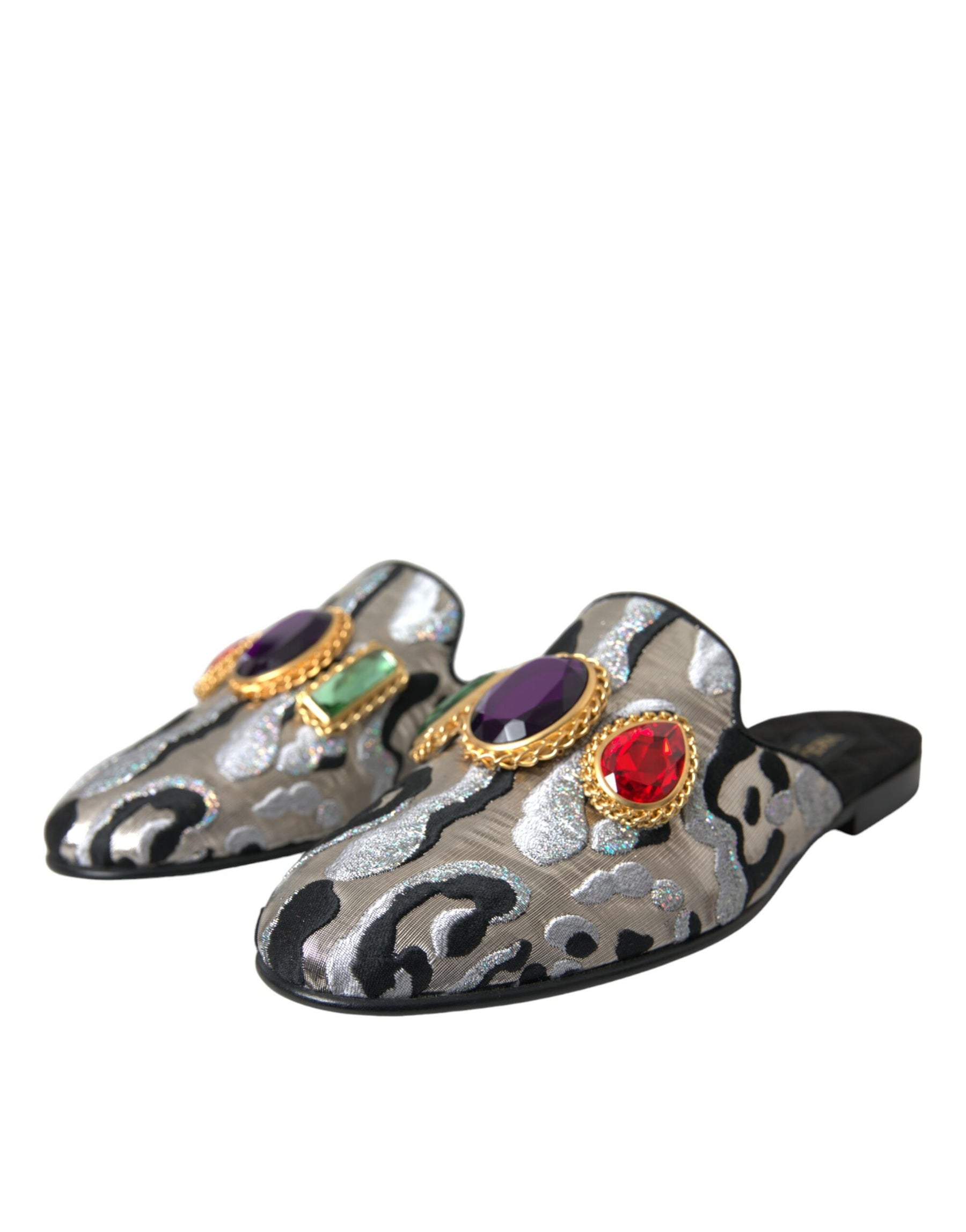 Dolce & Gabbana Gray Jacquard Crystal Mule Flat Sandals Shoes | Regal Royce