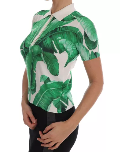 Dolce & Gabbana Green Banana Print Silk Polo T-shirt | Regal Royce