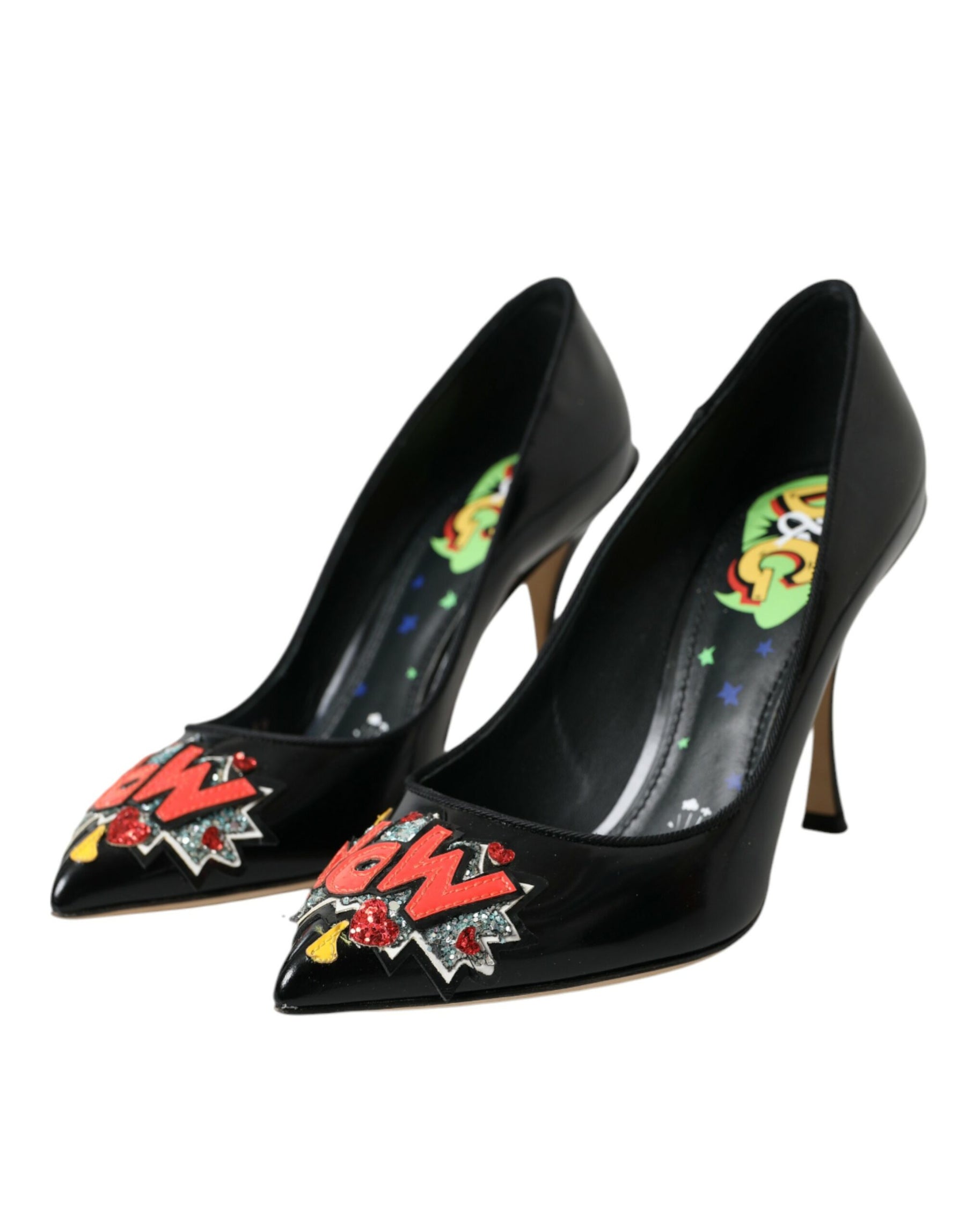 Dolce & Gabbana Black Leather WOW Patch Heels Pumps Shoes | Regal Royce
