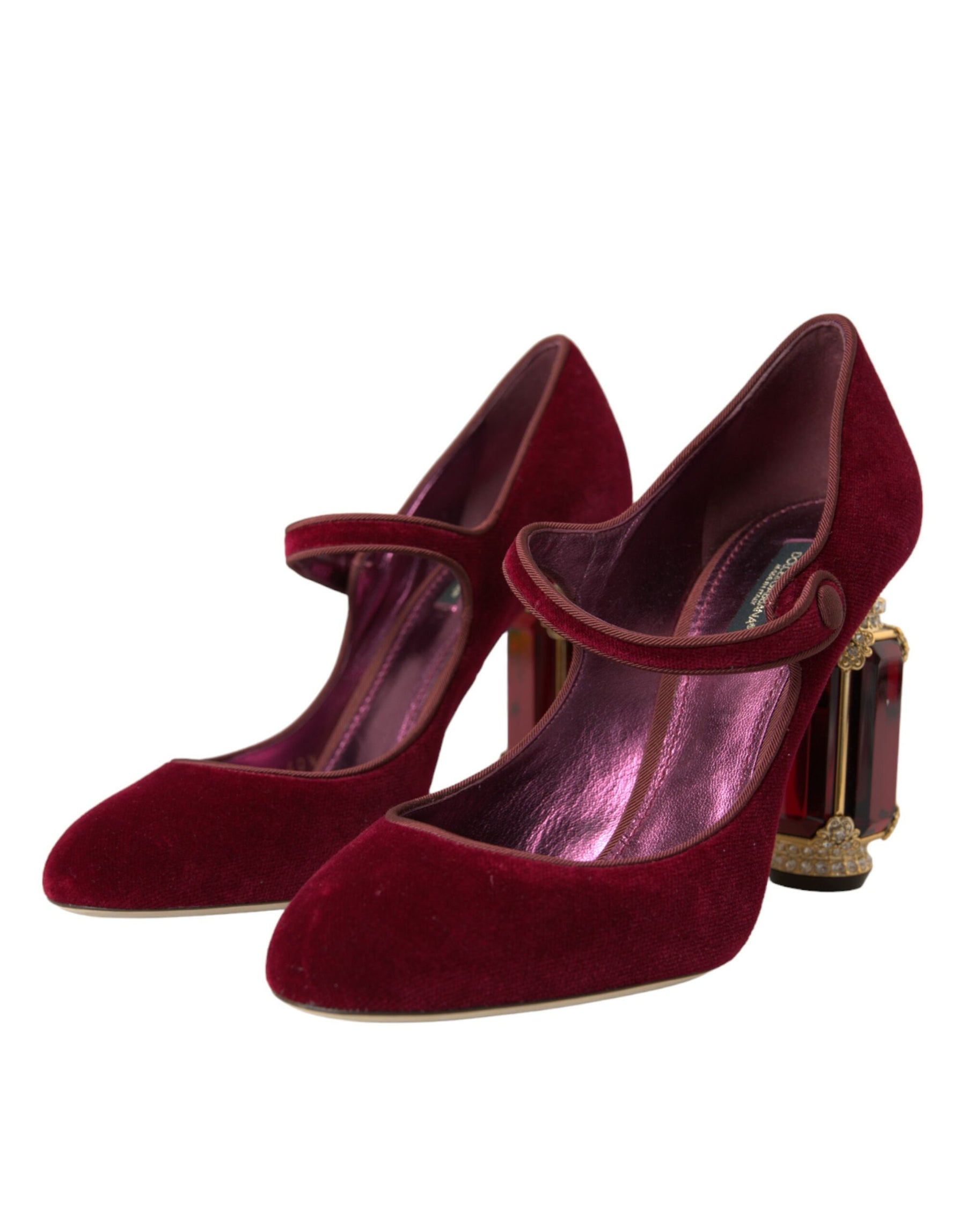 Dolce & Gabbana Red Velvet Gold Crystals Heels Mary Jane Shoes | Regal Royce