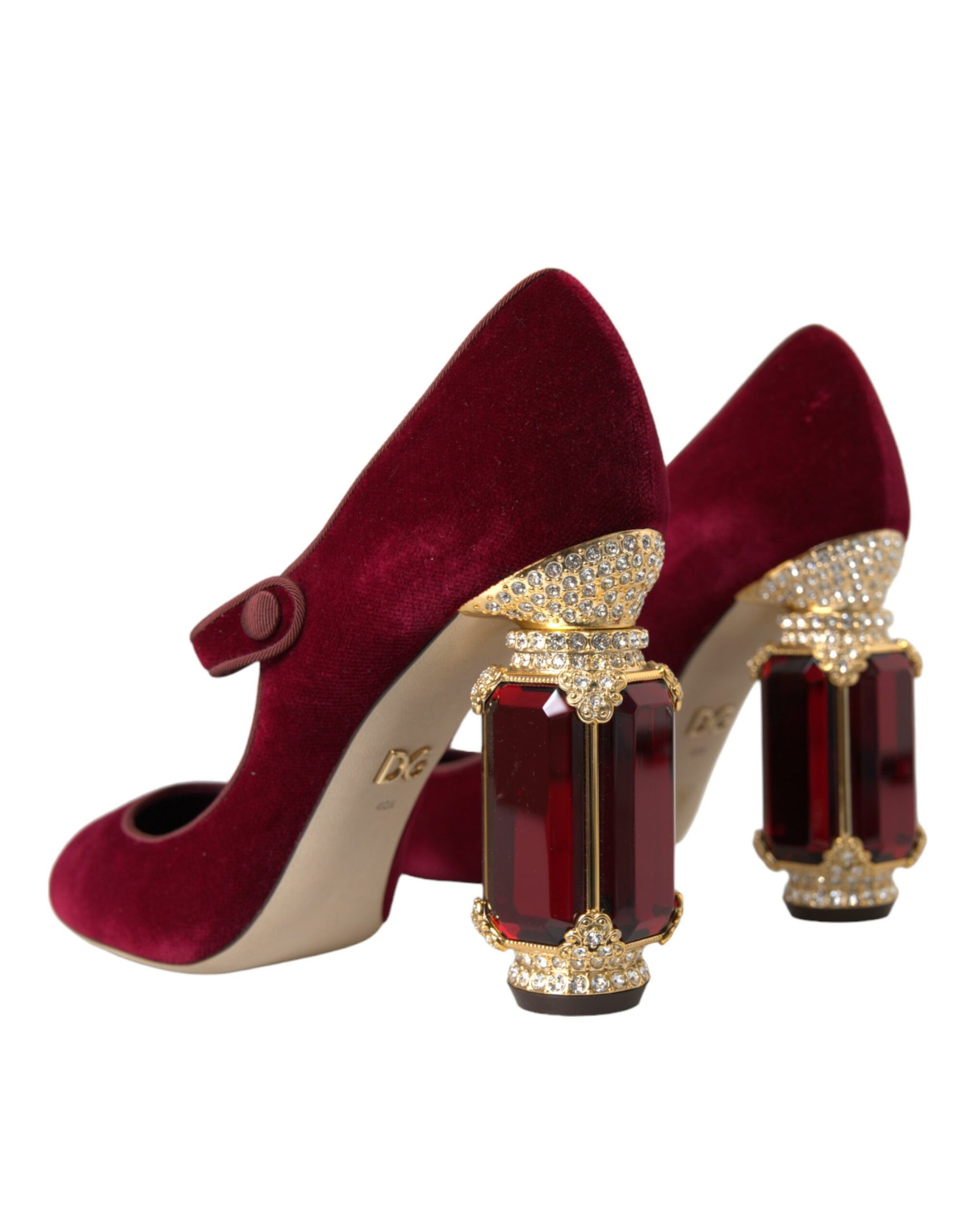 Dolce & Gabbana Red Velvet Gold Crystals Heels Mary Jane Shoes | Regal Royce