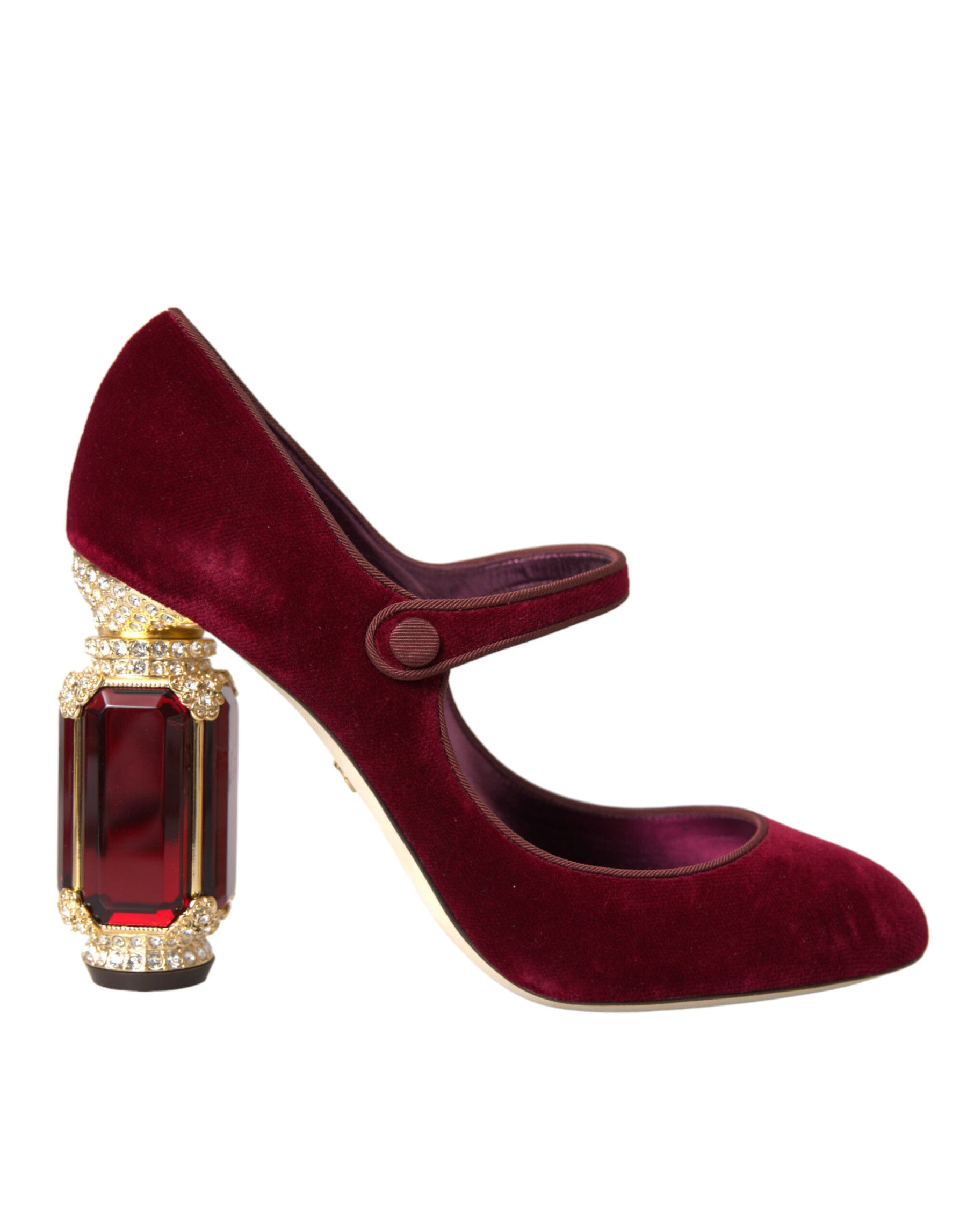 Dolce & Gabbana Red Velvet Gold Crystals Heels Mary Jane Shoes | Regal Royce