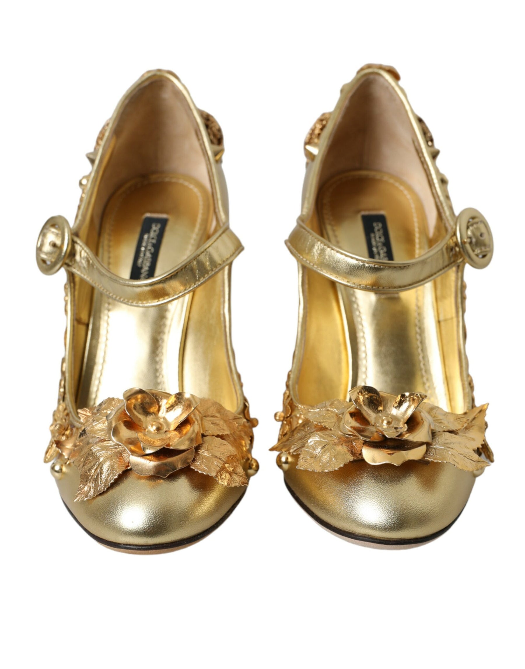 Dolce & Gabbana Gold Leather Crystal Mary Janes Pumps Shoes | Regal Royce