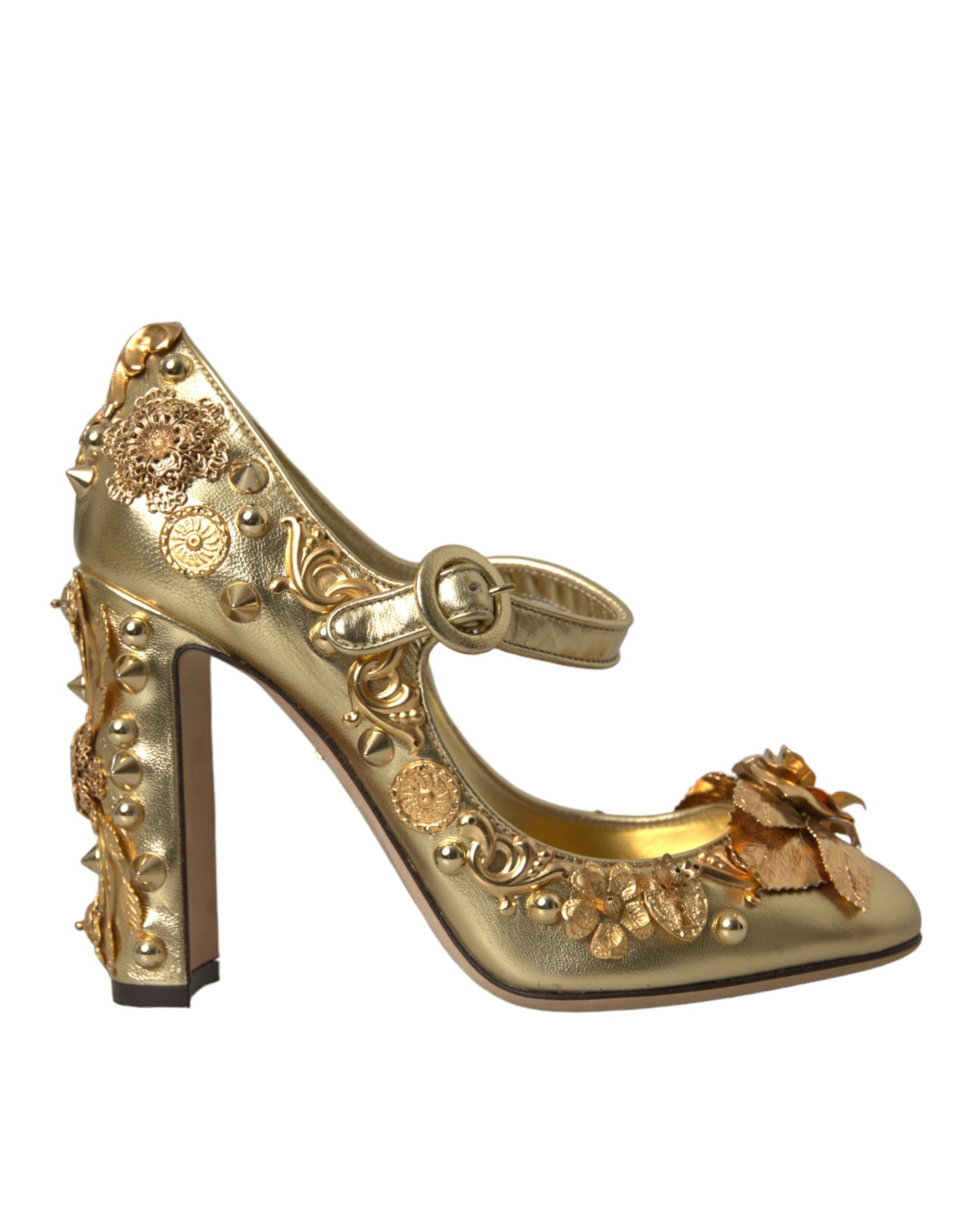 Dolce & Gabbana Gold Leather Crystal Mary Janes Pumps Shoes | Regal Royce
