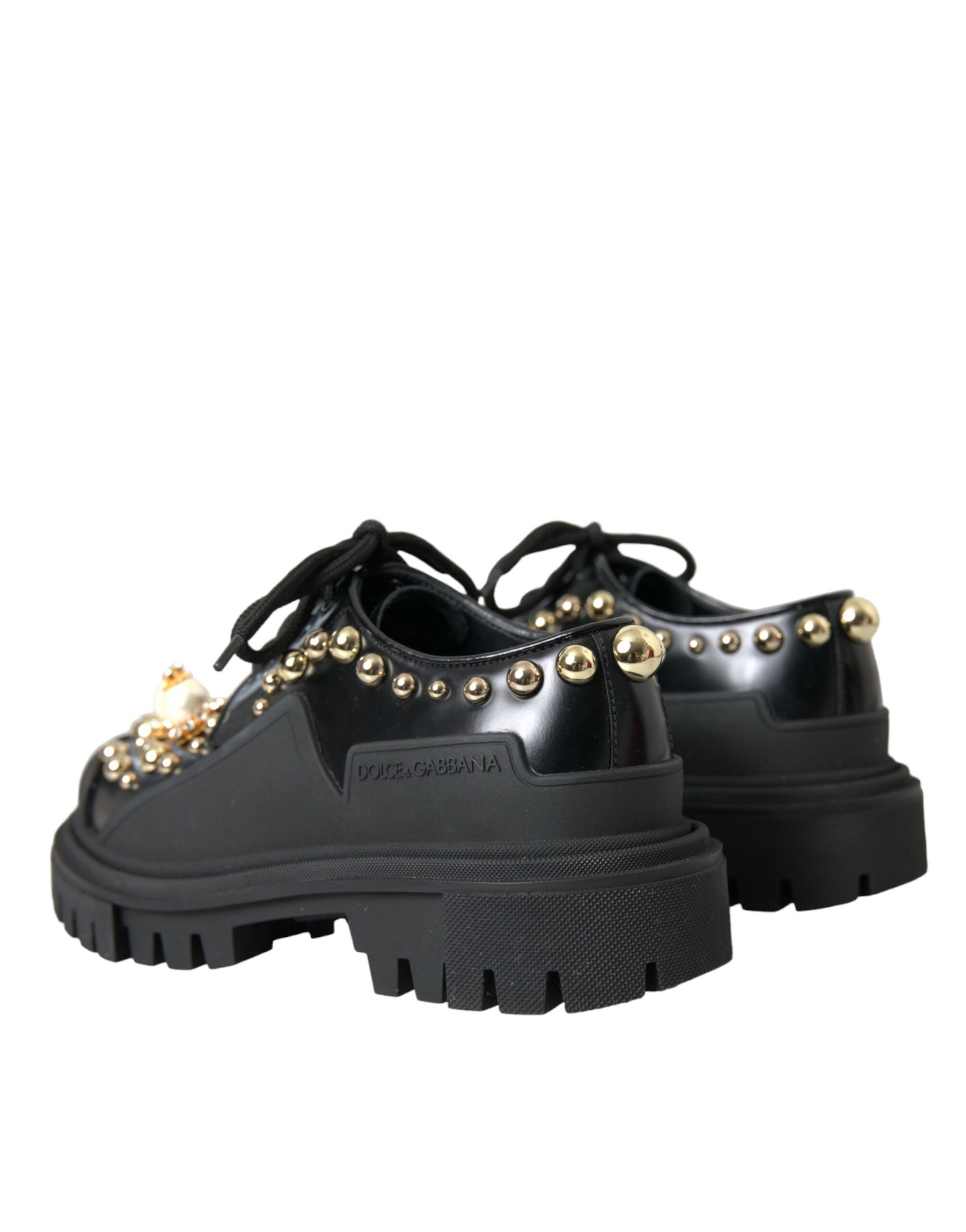 Dolce & Gabbana Black Leather Trekking Derby Embellished Shoes | Regal Royce