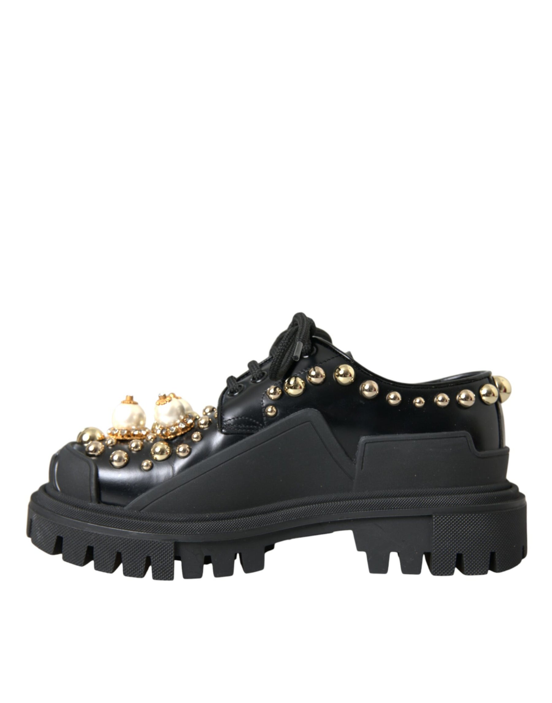 Dolce & Gabbana Black Leather Trekking Derby Embellished Shoes | Regal Royce