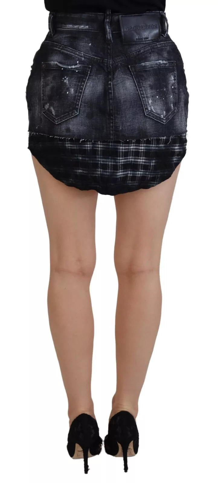 Dsquared² Black Checkered High Waist A-line Denim Mini Skirt | Regal Royce