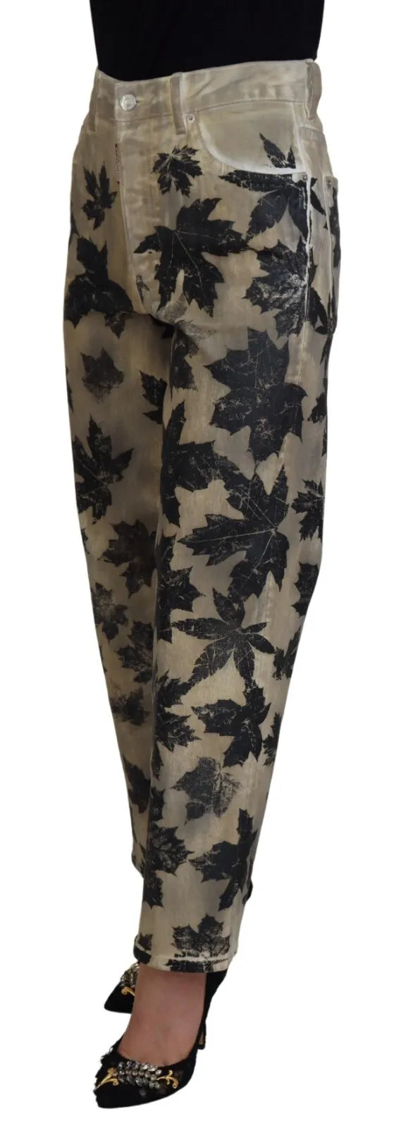 Dsquared² Beige Leaves Cotton High Waist Denim Jeans Boston | Regal Royce