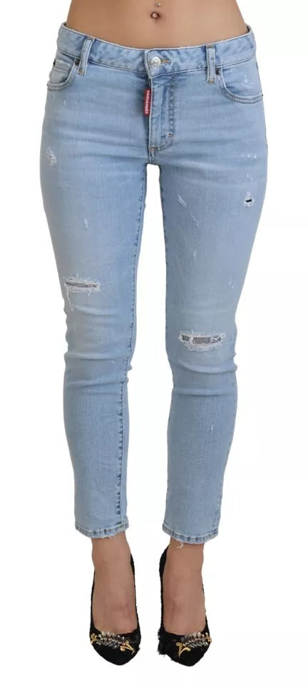 Dsquared² Blue Tattered Mid Waist Cropped Twiggy Denim Jeans | Regal Royce