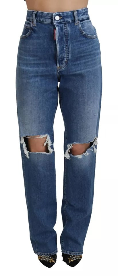 Dsquared² Blue Distressed High Waist Straight Denim Jeans | Regal Royce