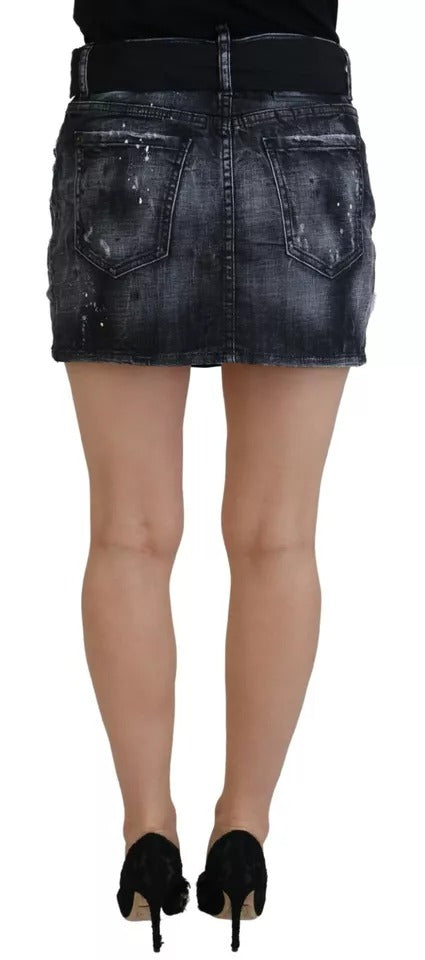 Dsquared² Black Distressed Mid Waist A-line Denim Mini Skirt | Regal Royce