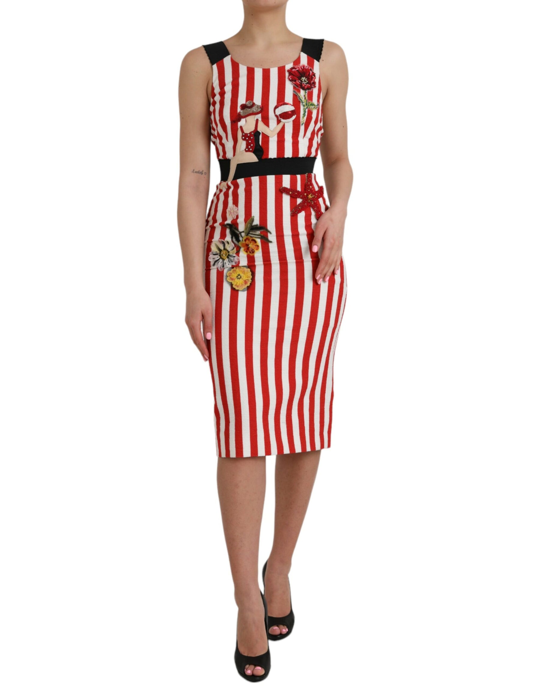 Dolce & Gabbana Red White Floral Sleeveless Sheath Midi Dress | Regal Royce