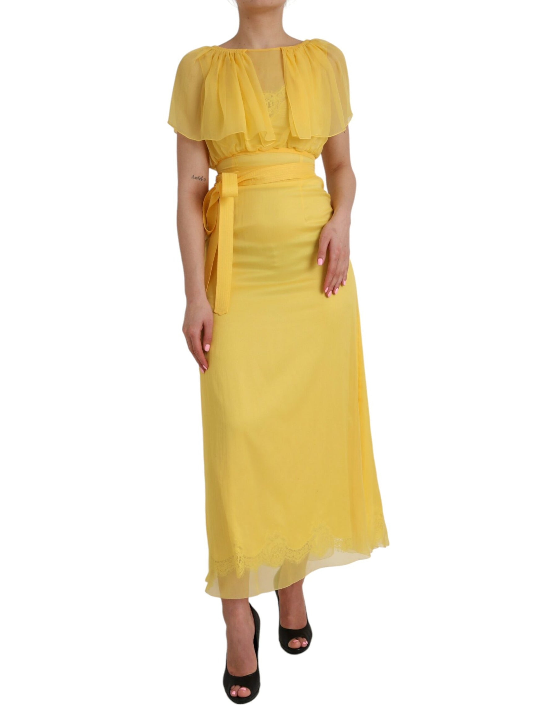 Dolce & Gabbana Yellow Silk Sheath Belted Long Maxi Dress | Regal Royce