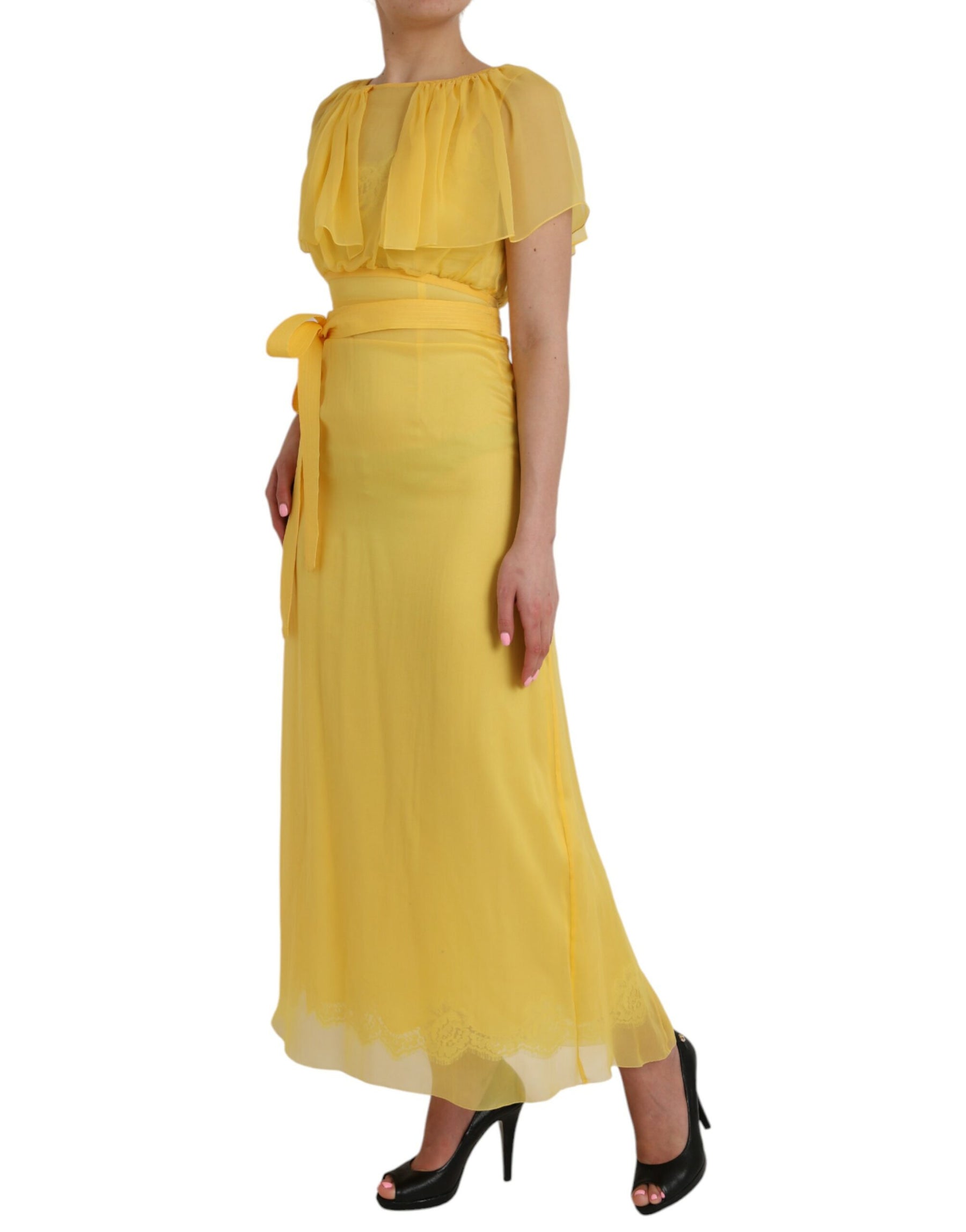 Dolce & Gabbana Yellow Silk Sheath Belted Long Maxi Dress | Regal Royce