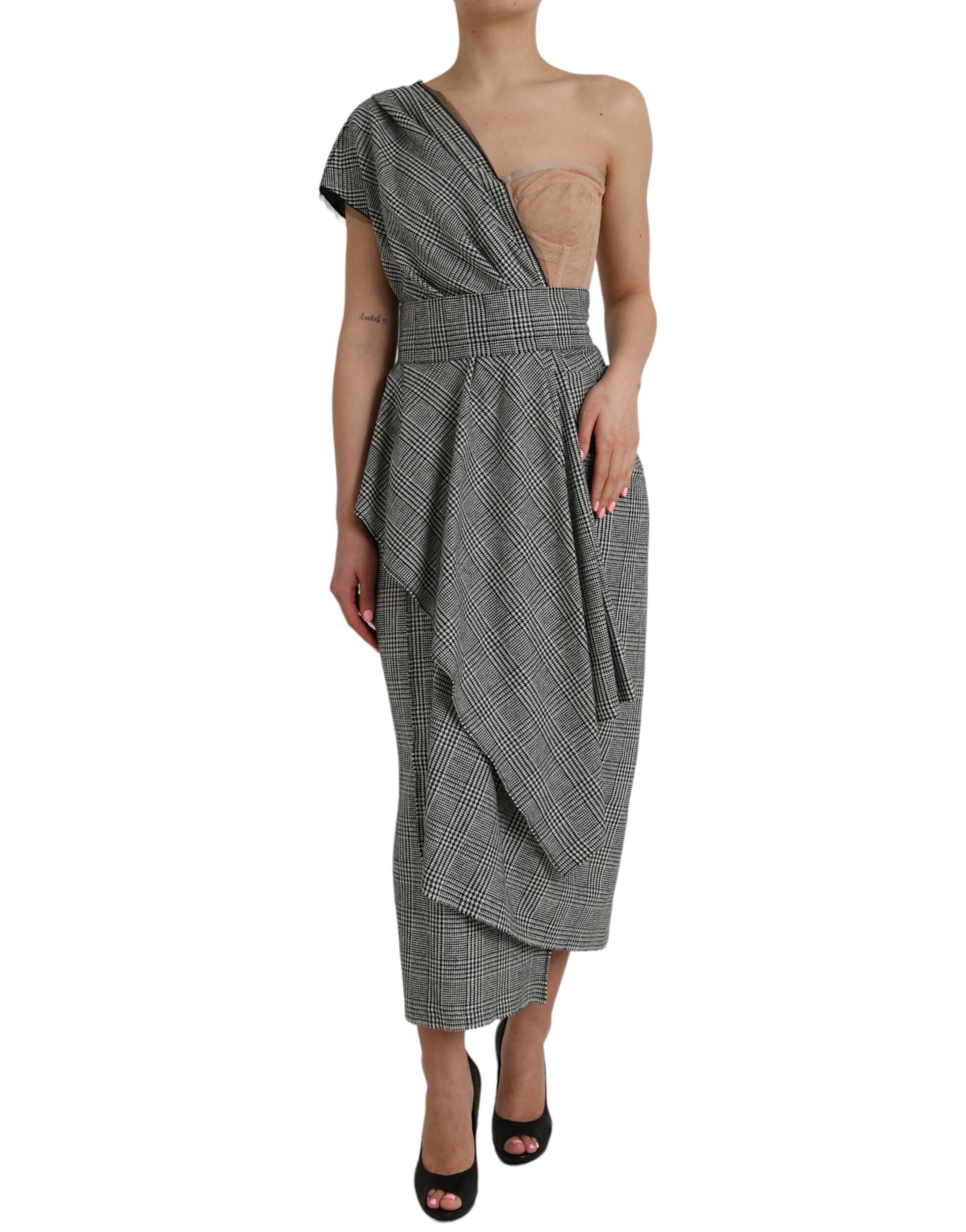 Dolce & Gabbana Gray Beige Layered One Shoulder Maxi Dress | Regal Royce