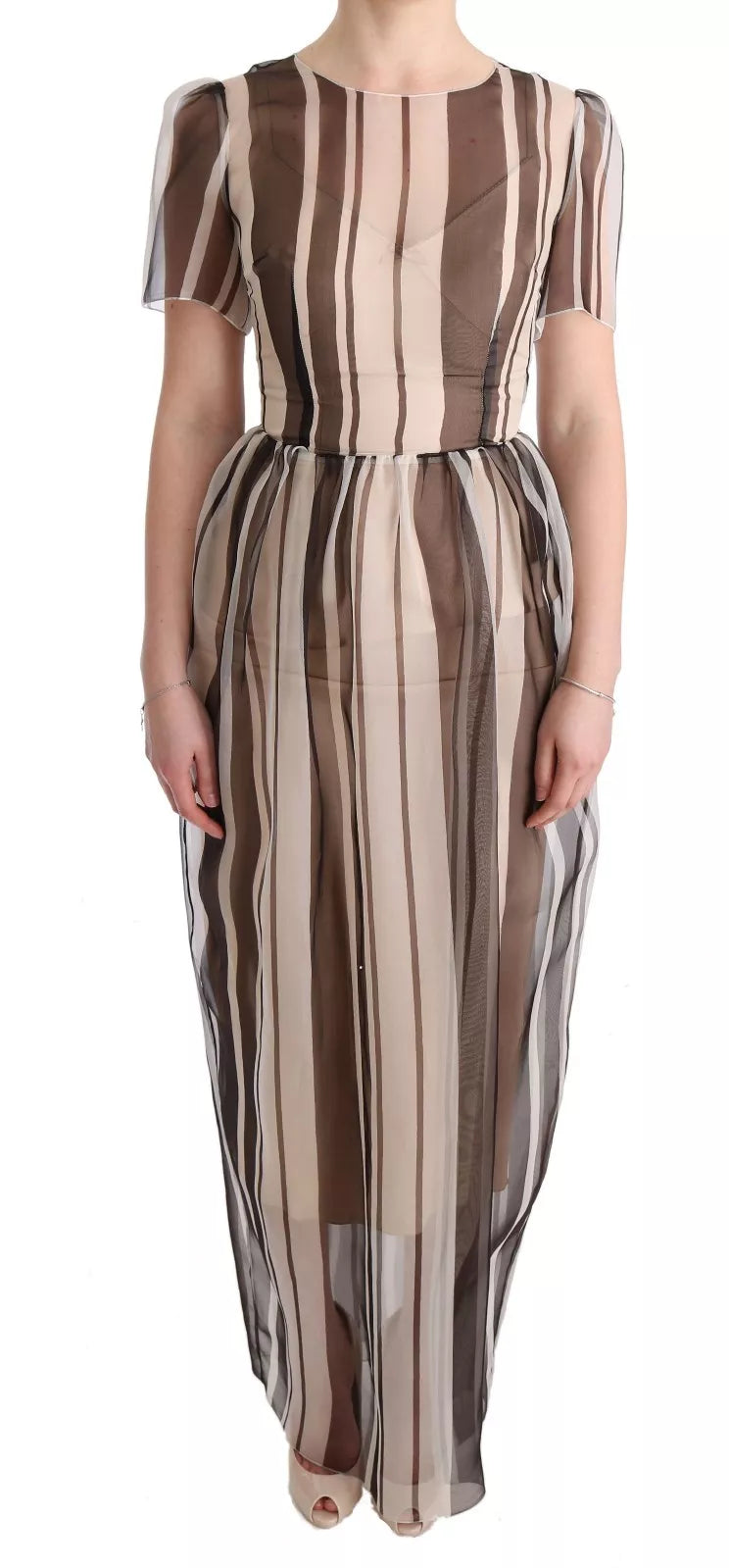 Dolce & Gabbana Beige Brown Striped Silk Sheath Dress | Regal Royce