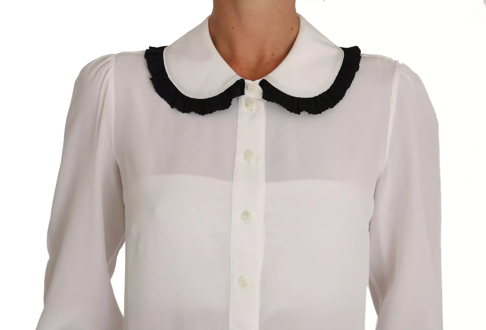 Dolce & Gabbana White Silk Shirt Ruffle Rouded Collar Blouse | Regal Royce