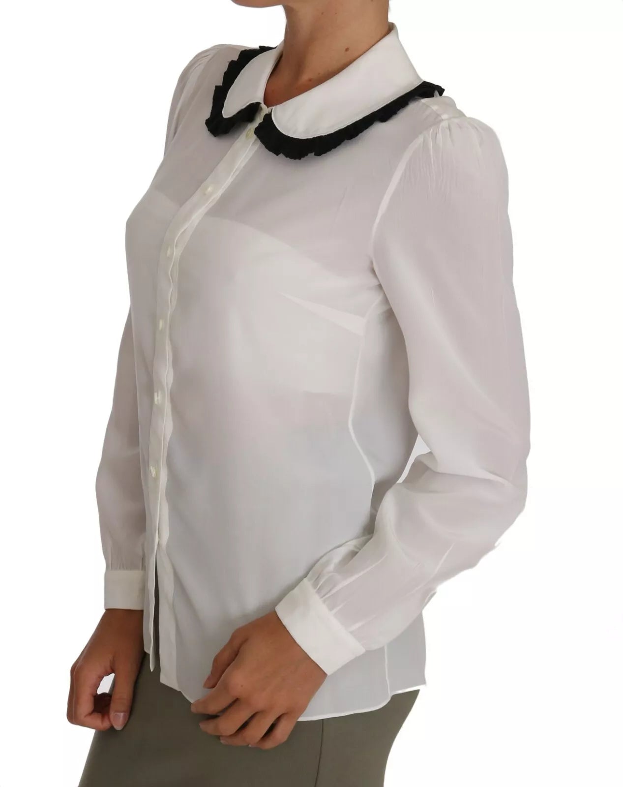 Dolce & Gabbana White Silk Shirt Ruffle Rouded Collar Blouse | Regal Royce