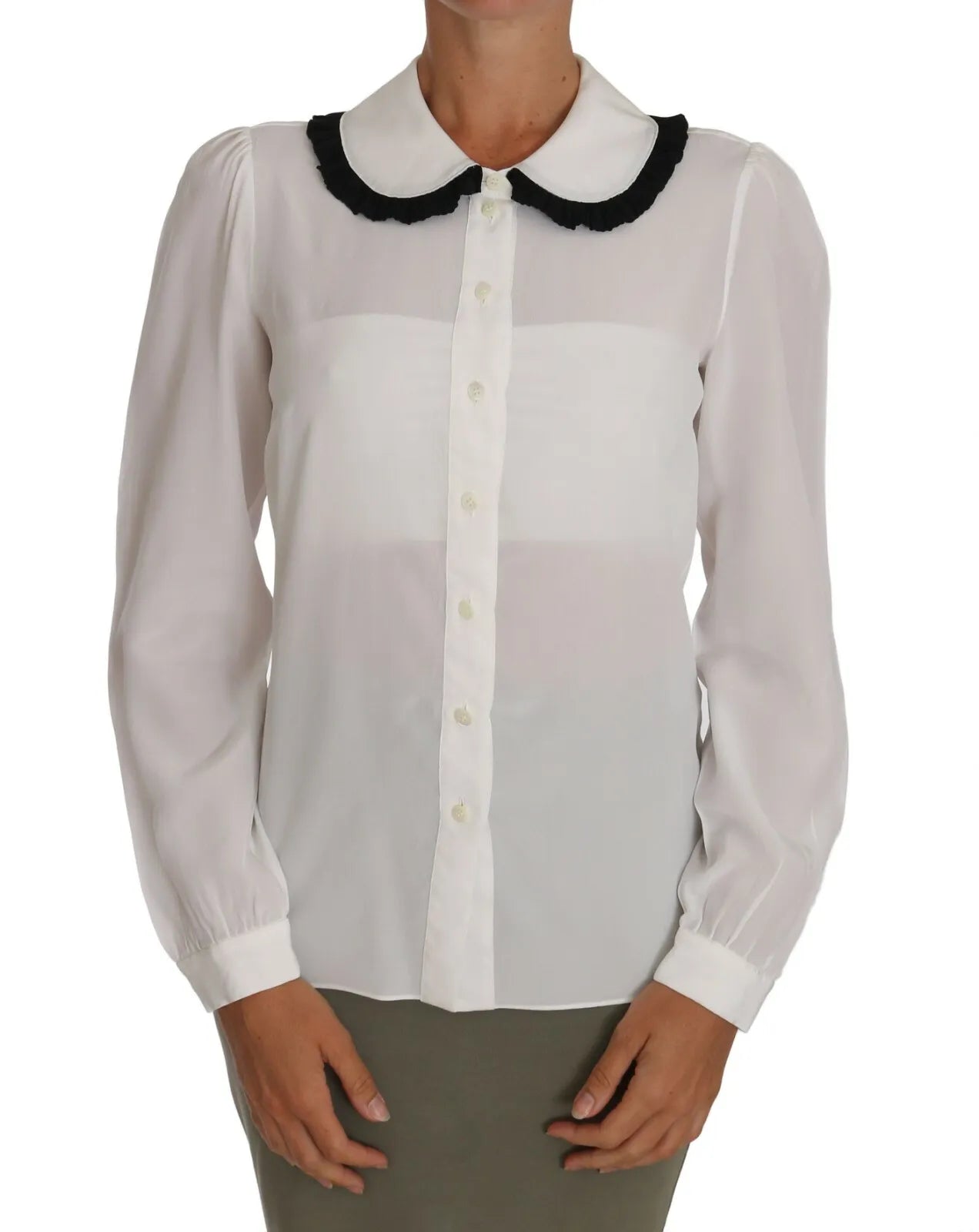Dolce & Gabbana White Silk Shirt Ruffle Rouded Collar Blouse | Regal Royce