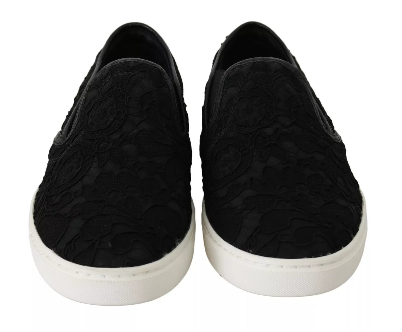 Dolce & Gabbana Black Lace Leather Logo Flat Slip-On Sneakers | Regal Royce