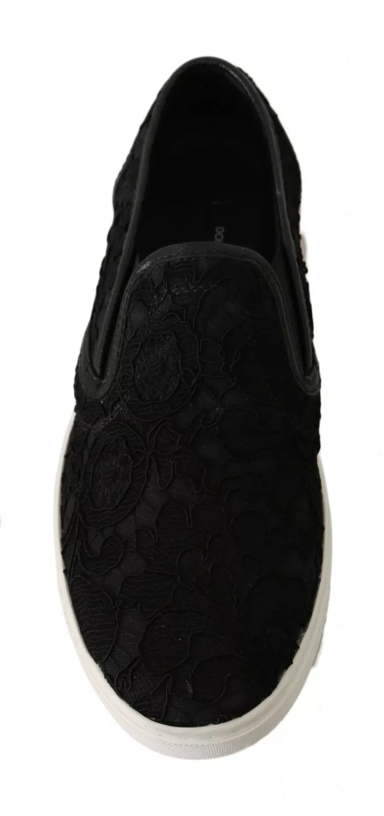 Dolce & Gabbana Black Lace Leather Logo Flat Slip-On Sneakers | Regal Royce