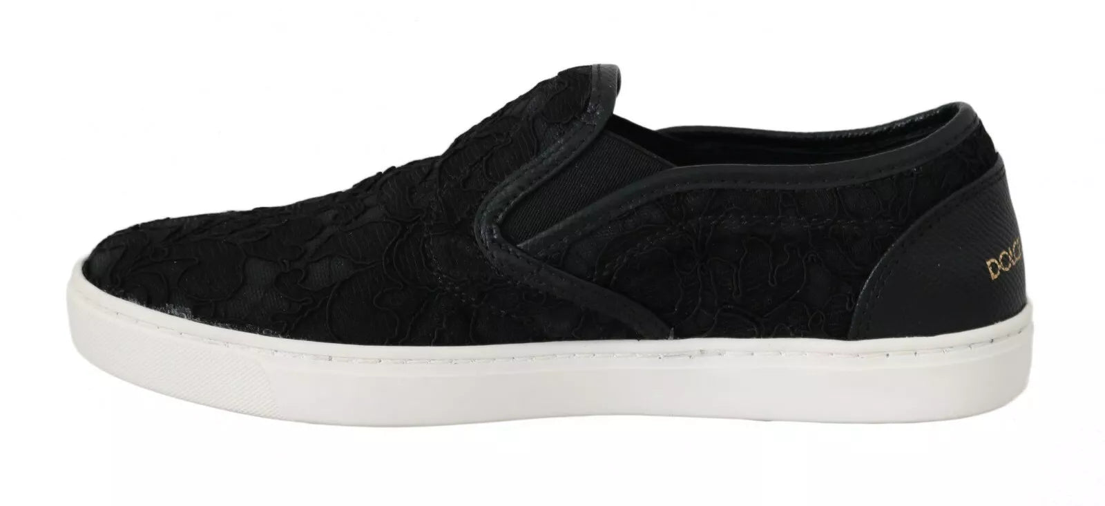 Dolce & Gabbana Black Lace Leather Logo Flat Slip-On Sneakers | Regal Royce