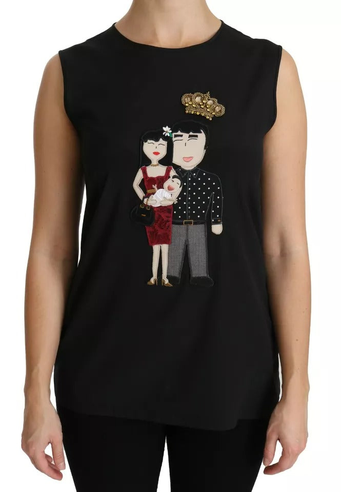 Dolce & Gabbana Black Silk DG Family Crystal Sleeveless Top | Regal Royce